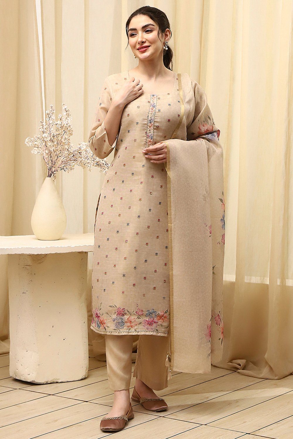 Beige Tissue Printed Unstitched Suit Set image number 7