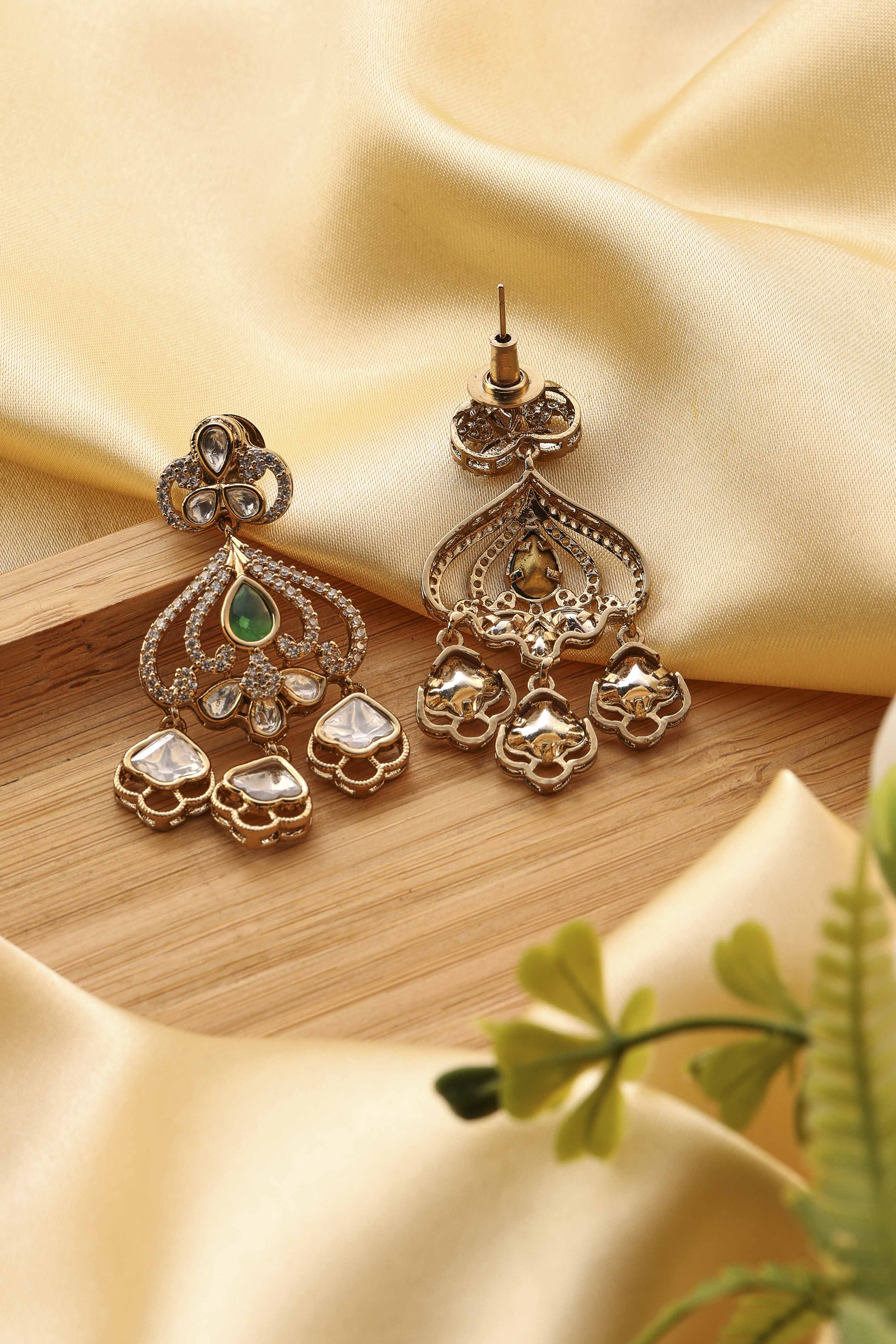 Green Brass Gold-Plated Drop and Dangler Earrings image number 2