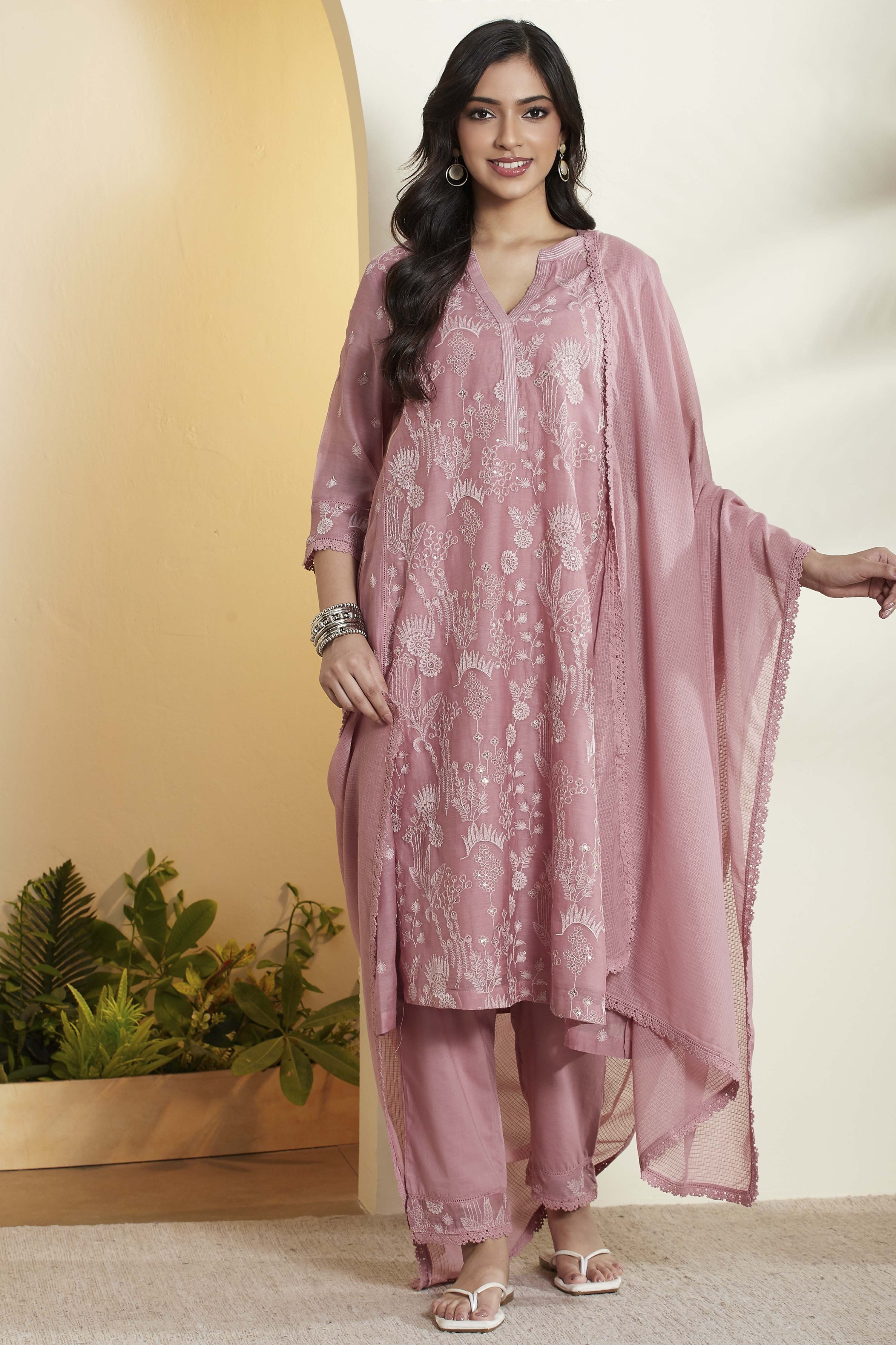 Old Rose Cotton Silk Embroidered A-Line Kurta Set image number 7