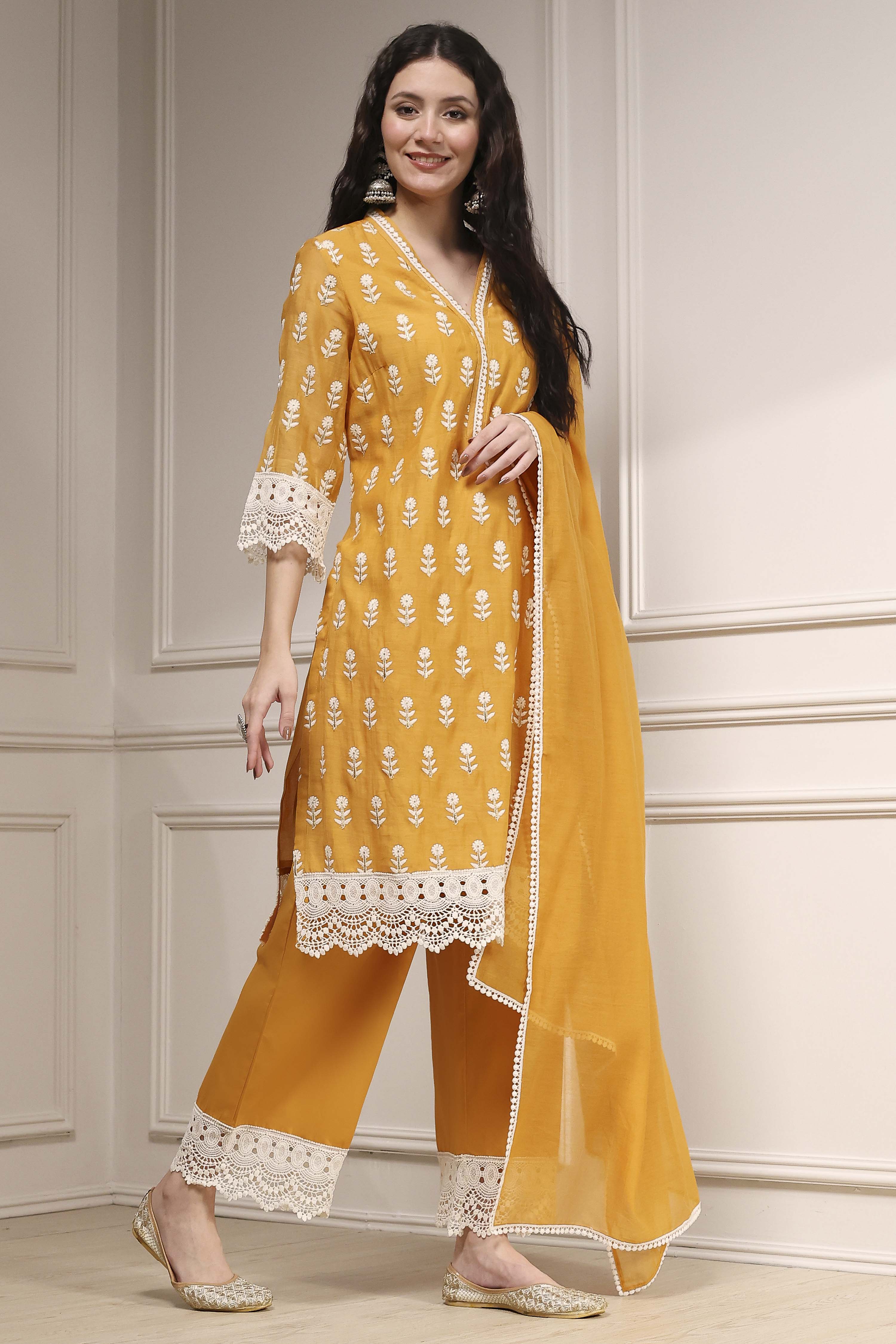 Ochre Yellow Chanderi Straight Suit Set image number 5
