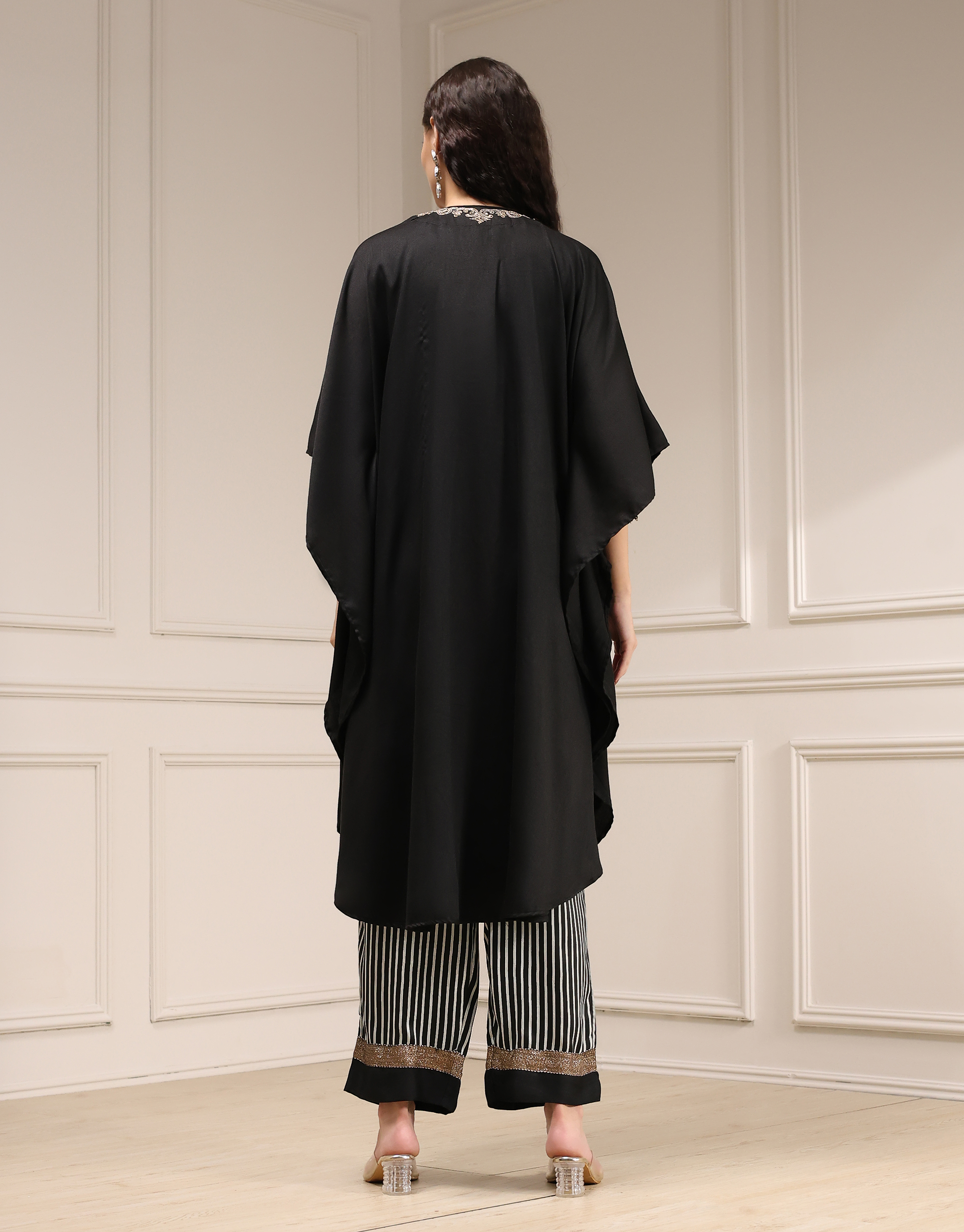 Black Modal Solid Kaftan Fusion Kurta Set image number 3