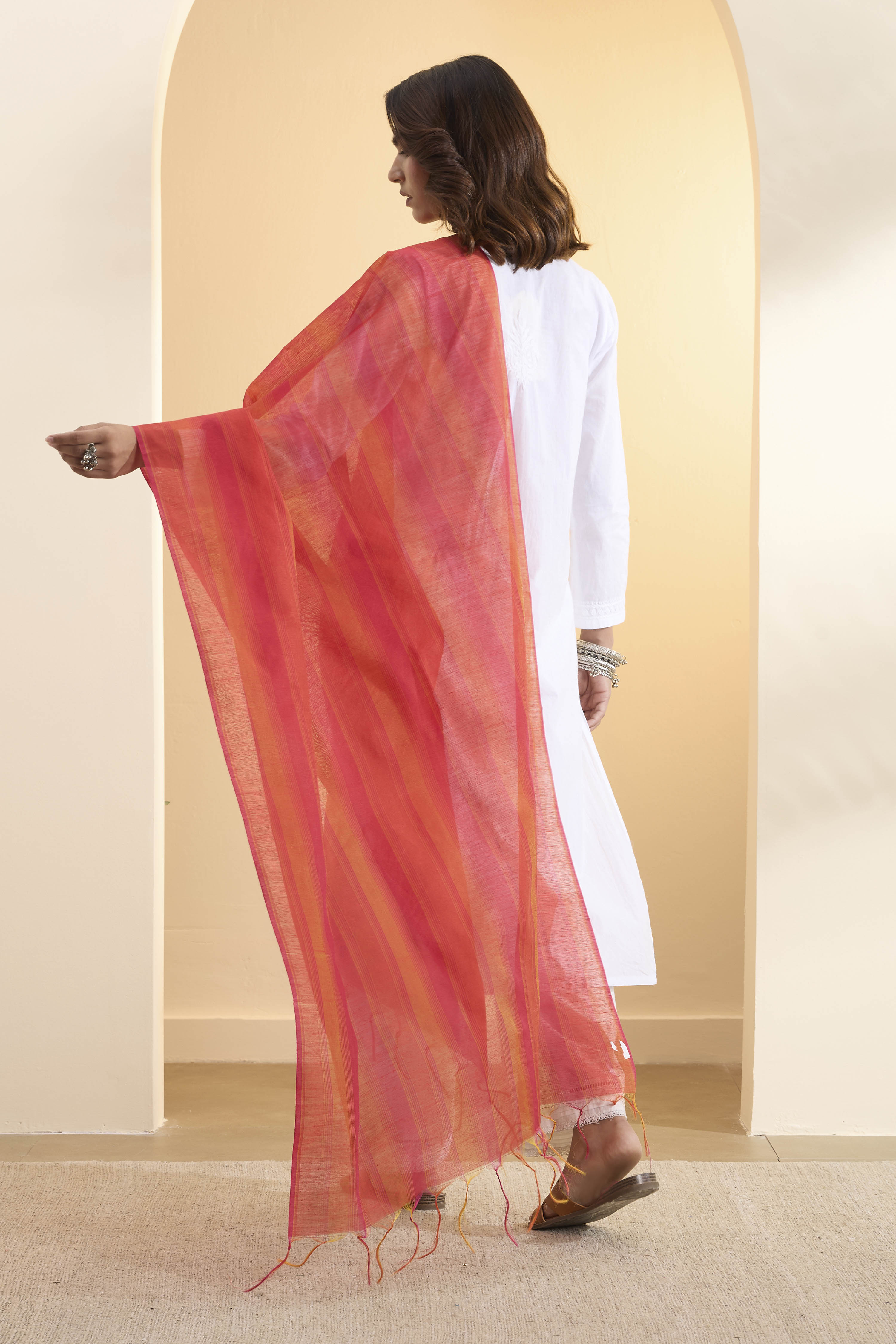 Pink Orange Poly Loom Printed Dupatta image number 1