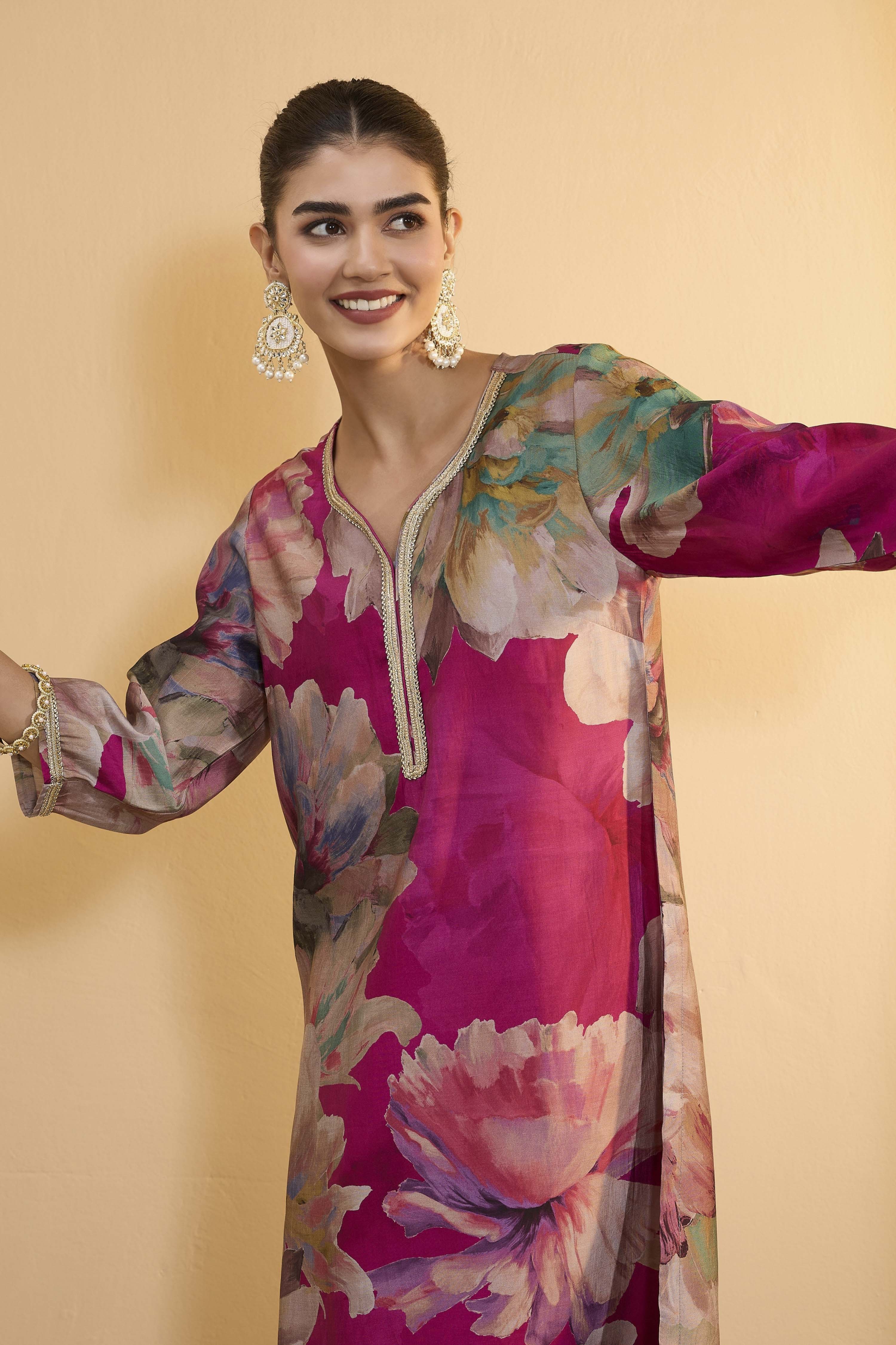 Berry Pink Poly Viscose Straight Kurta image number 1