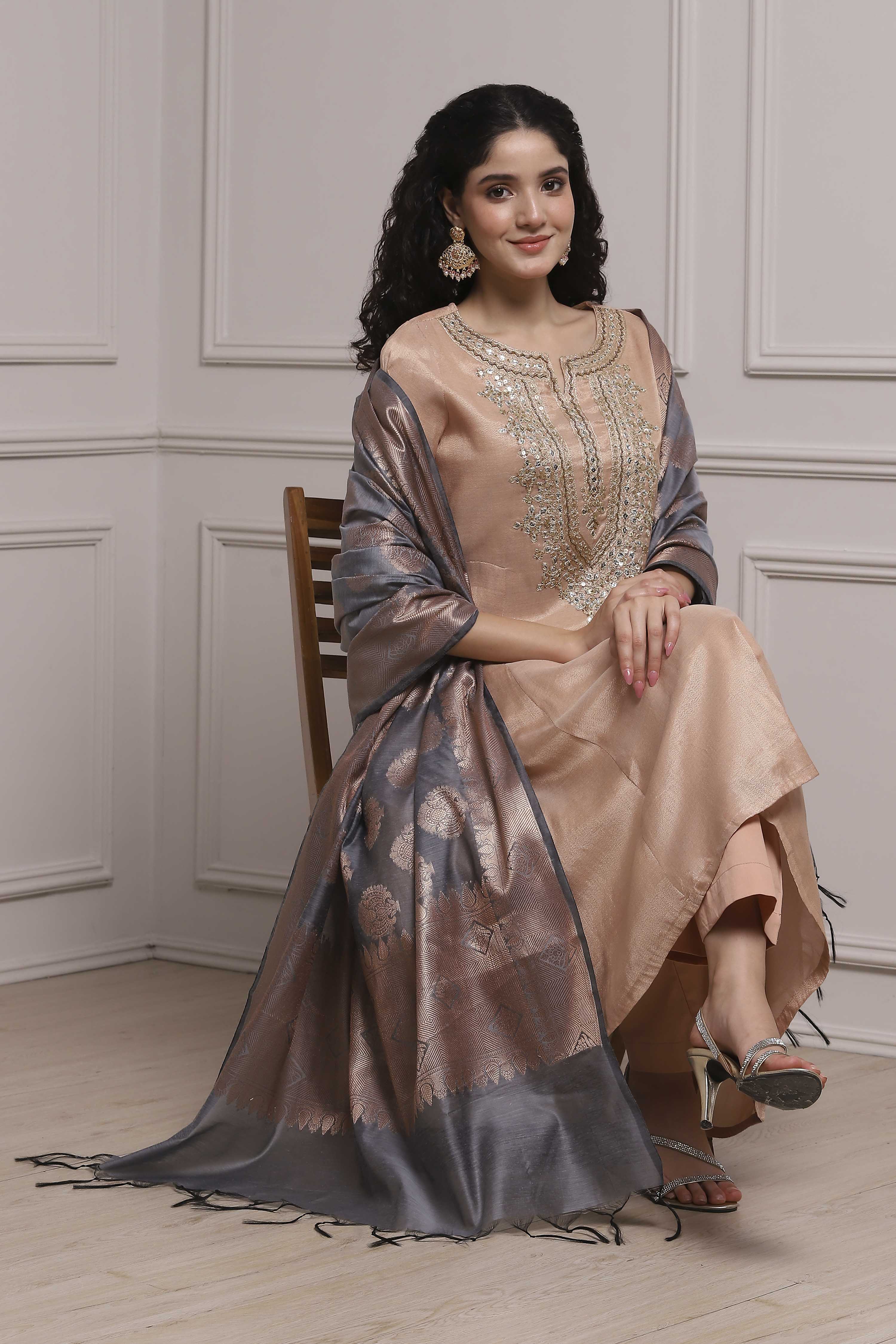 Blush Peach Cotton Kalidar Dyed Suit Set image number 7