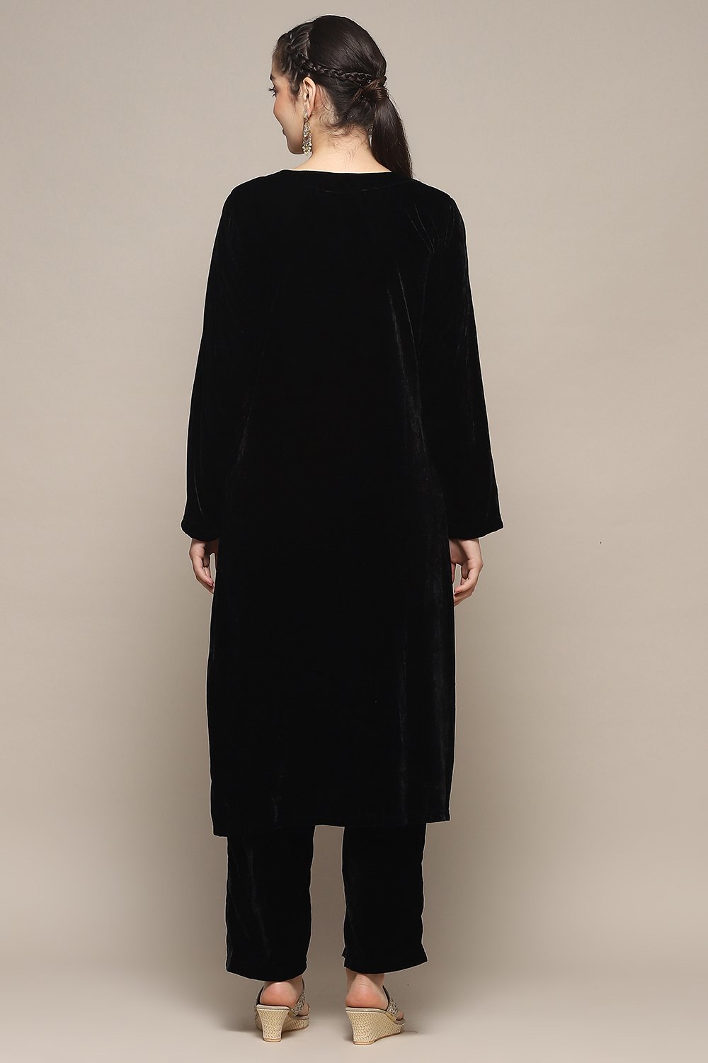 Black Polyester Straight Solid Kurta Pant Suit Set image number 5