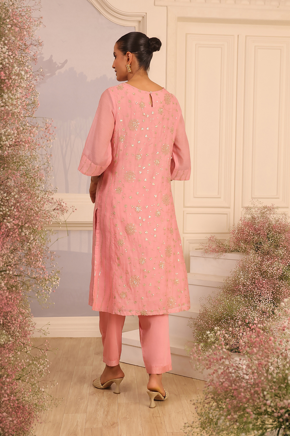 Pink Silk Embroidered Straight Suit Set image number 4