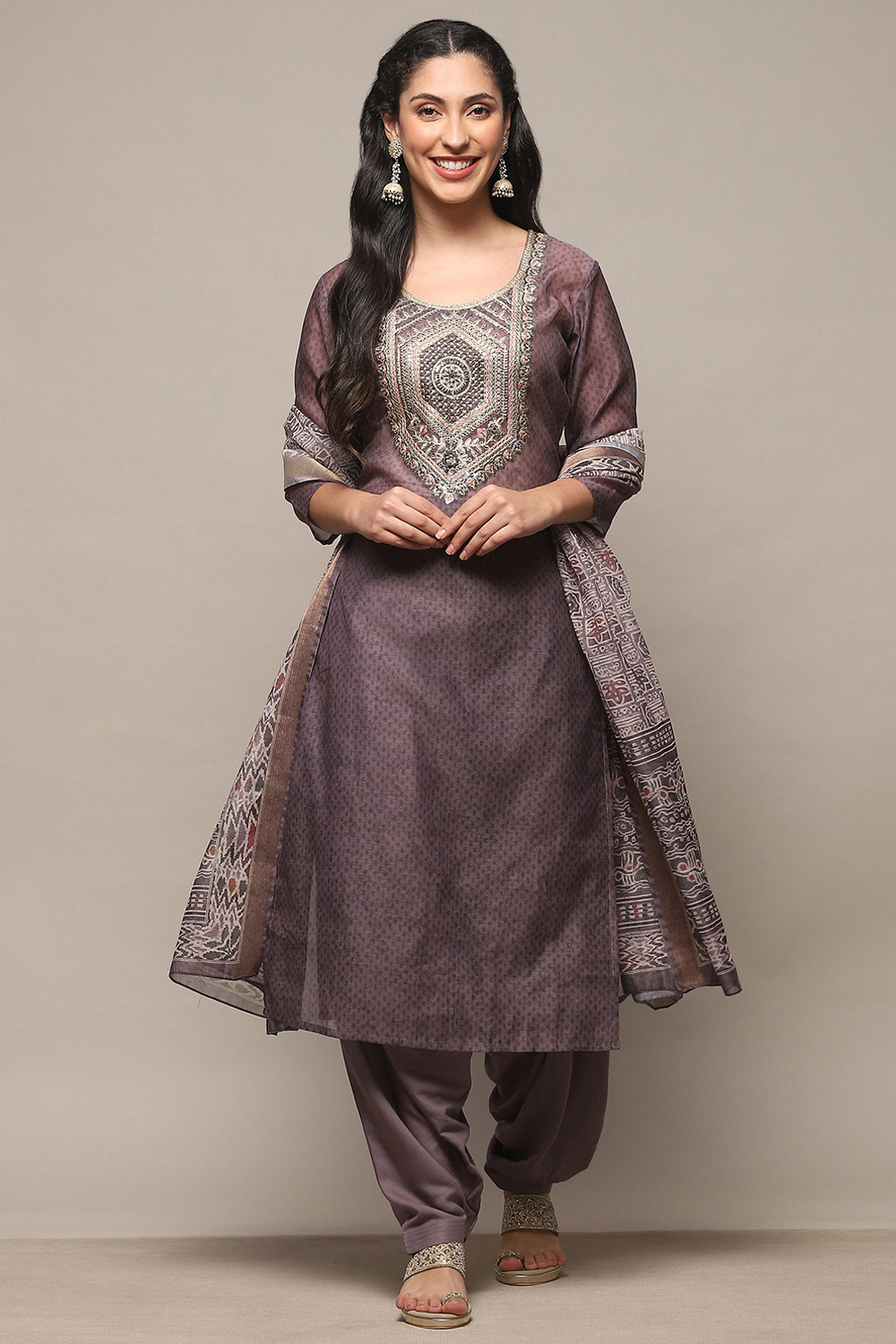 Earthy Green Chanderi Unstitched Suit Set image number 2