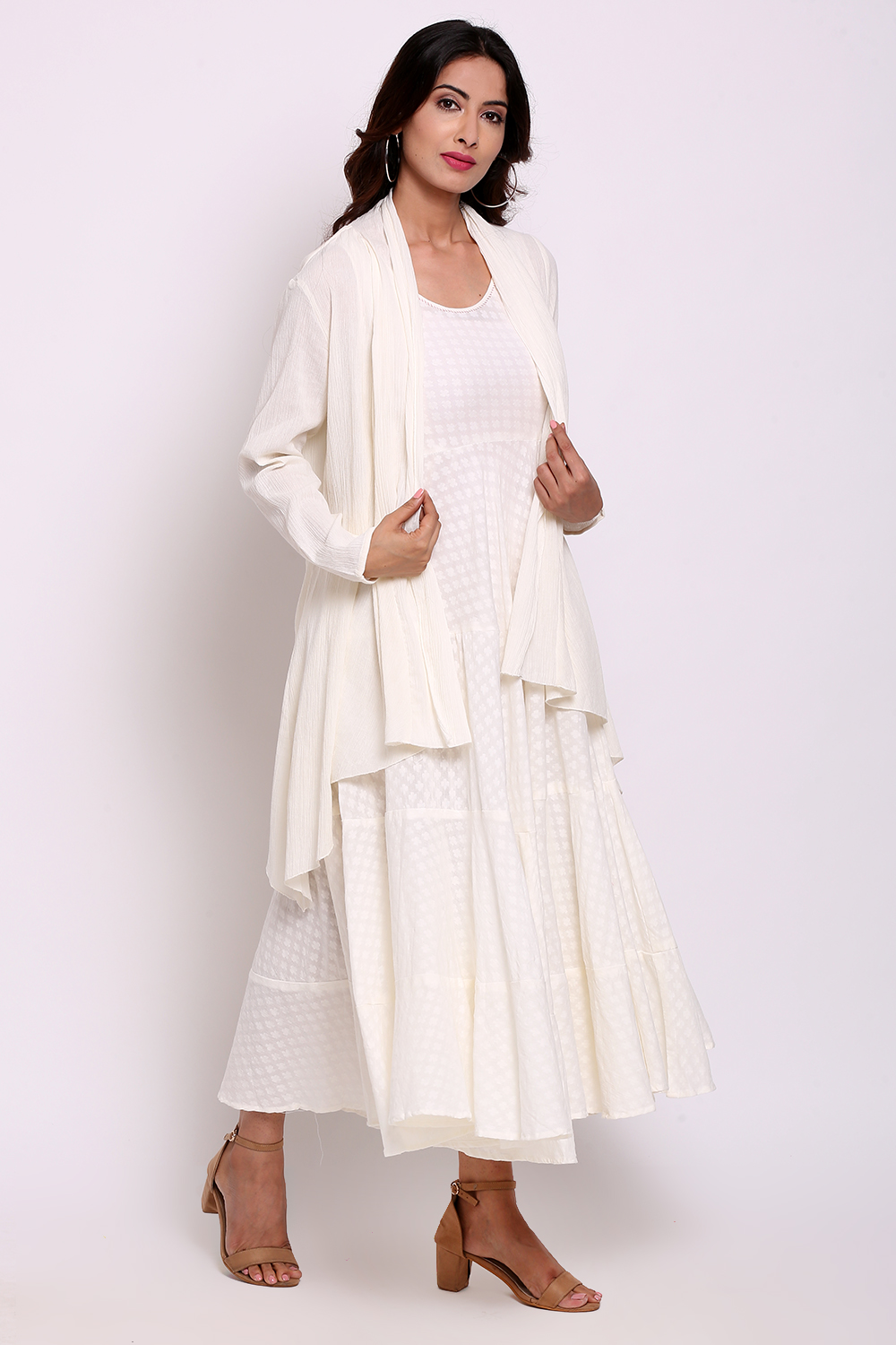 Cream Cotton Front Open Fusion Wear Dress image number 3