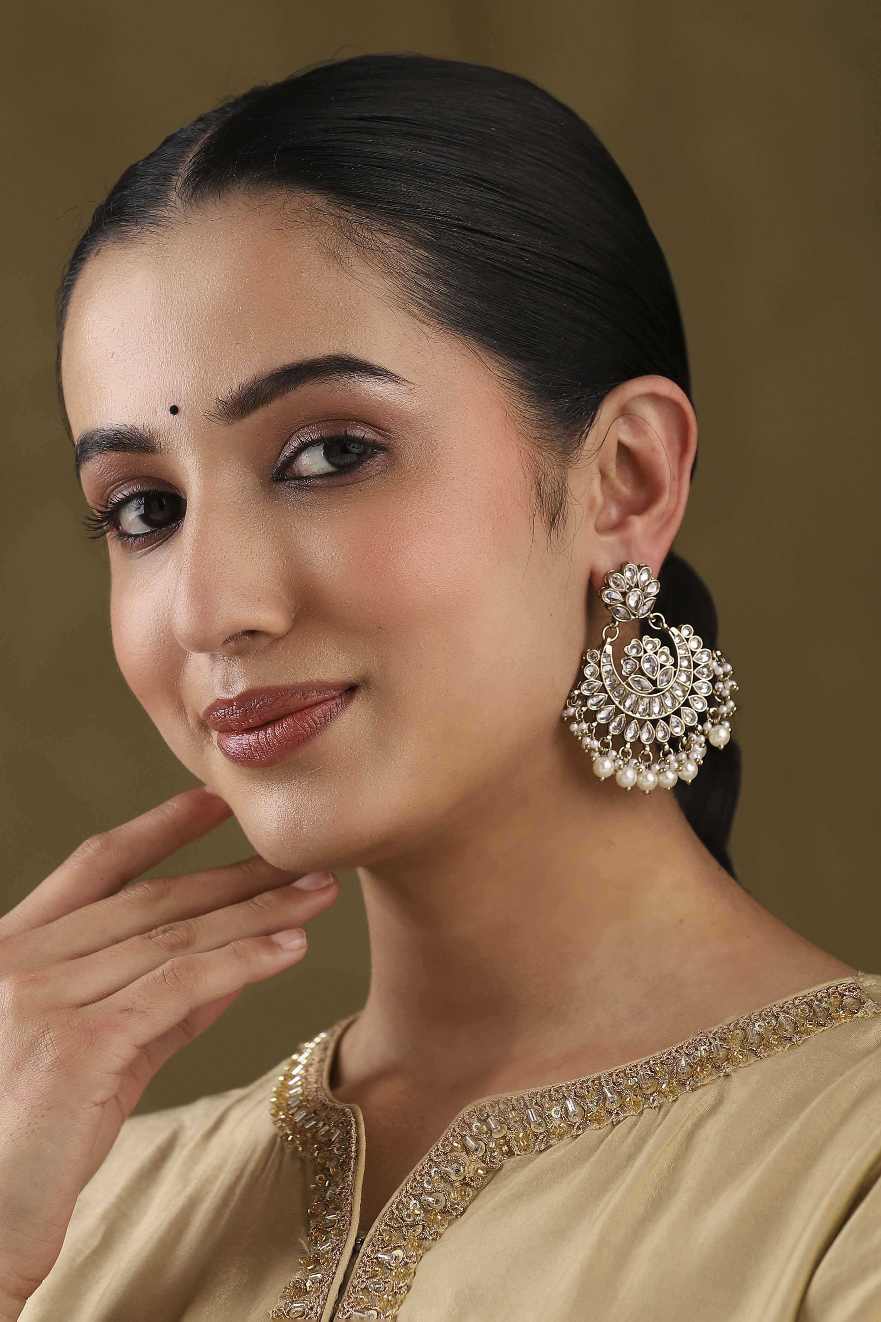 Silver-Toned Gold Plated Brass Studded Chandbalis image number 3
