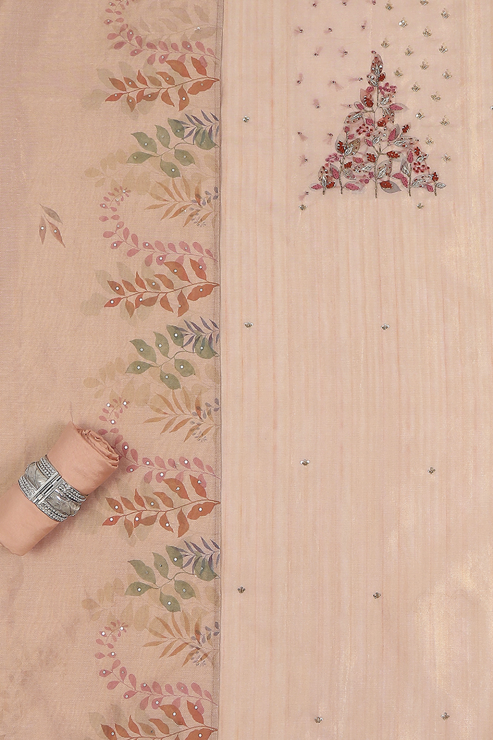 Light Orange Tissue Hand Embroidered Unstitched Suit Set image number 1
