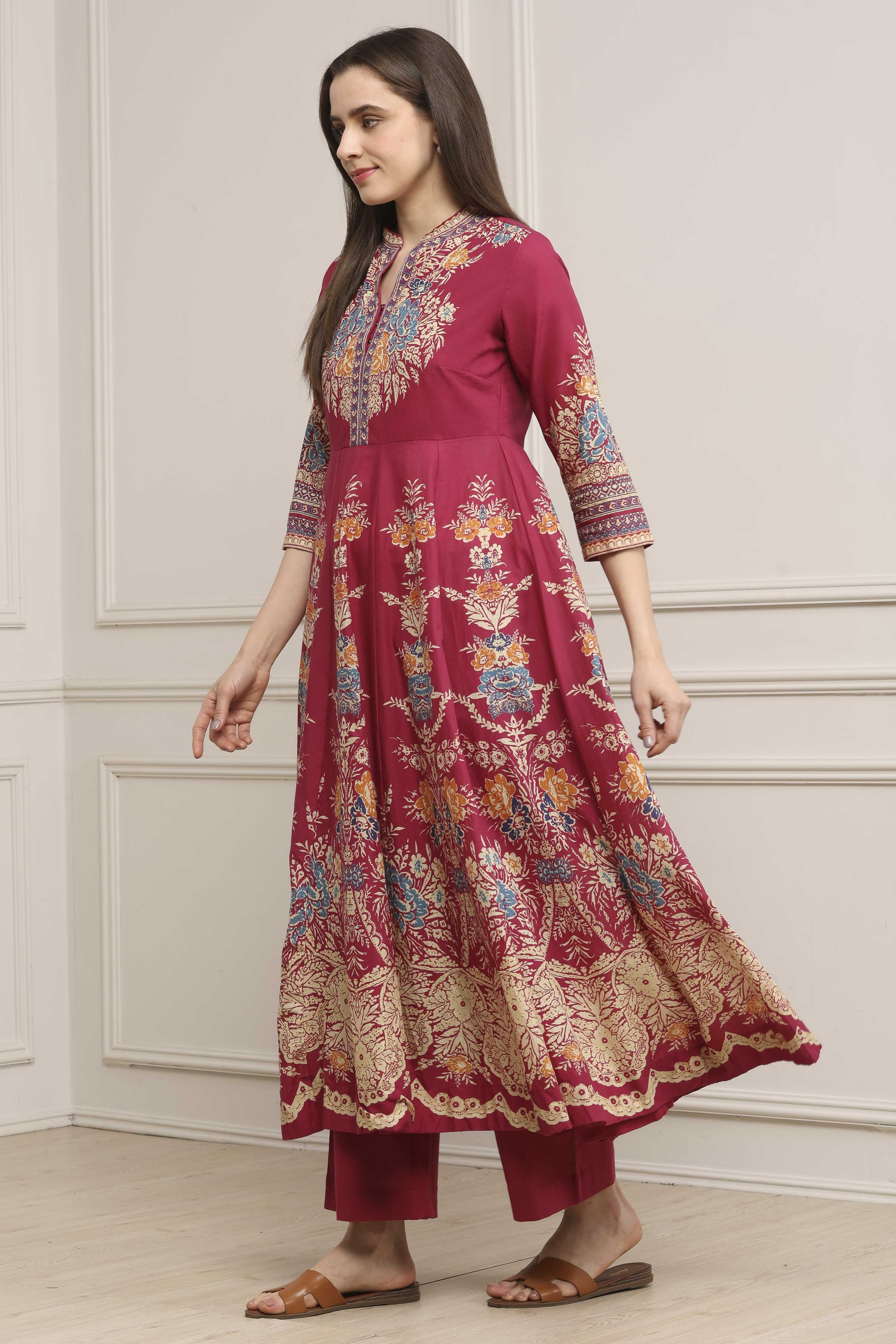 Charcoal Cotton Kalidar Printed Kurta Pants Set image number 3