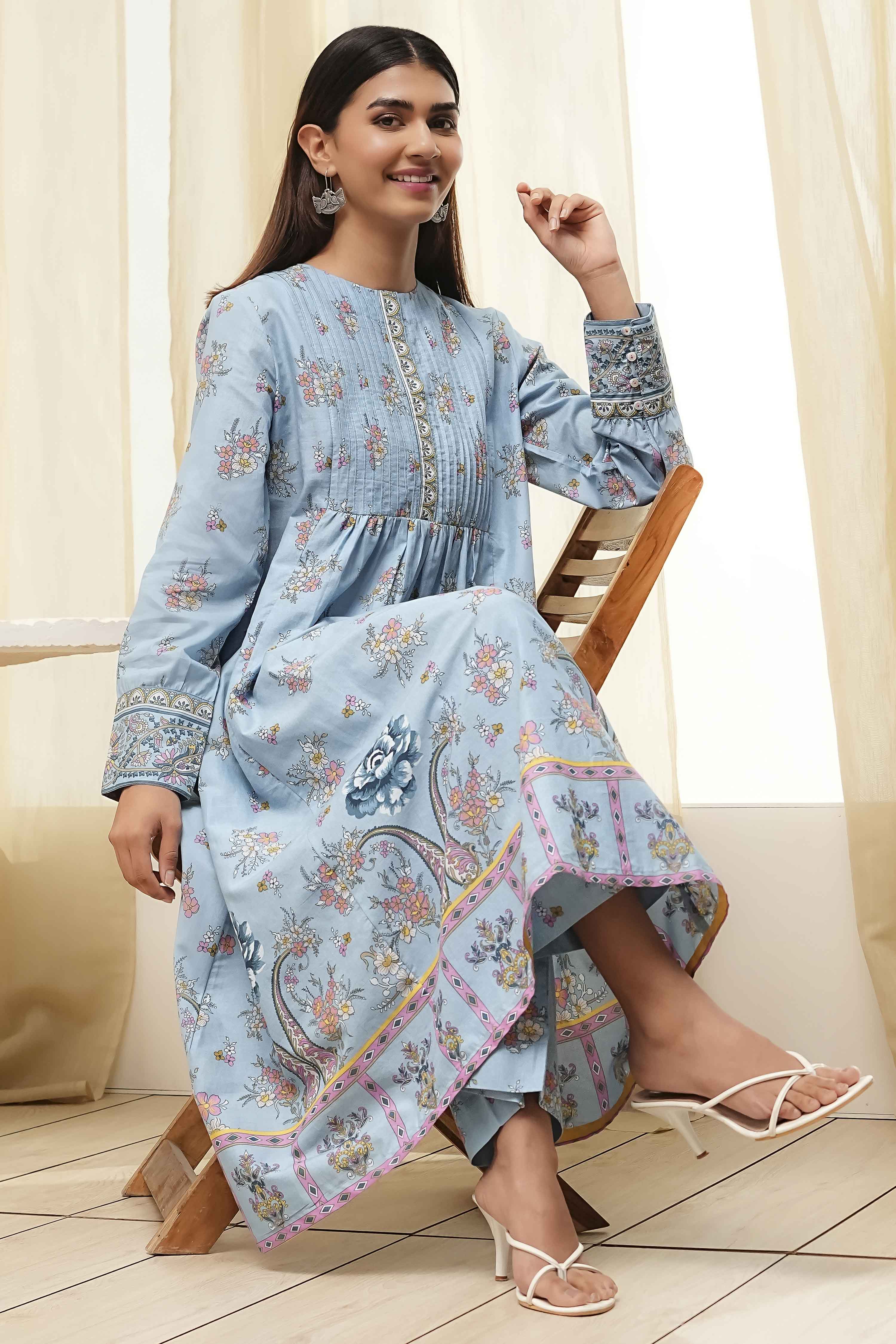 Dull Blue Cotton Flared Printed Kurta Set image number 0