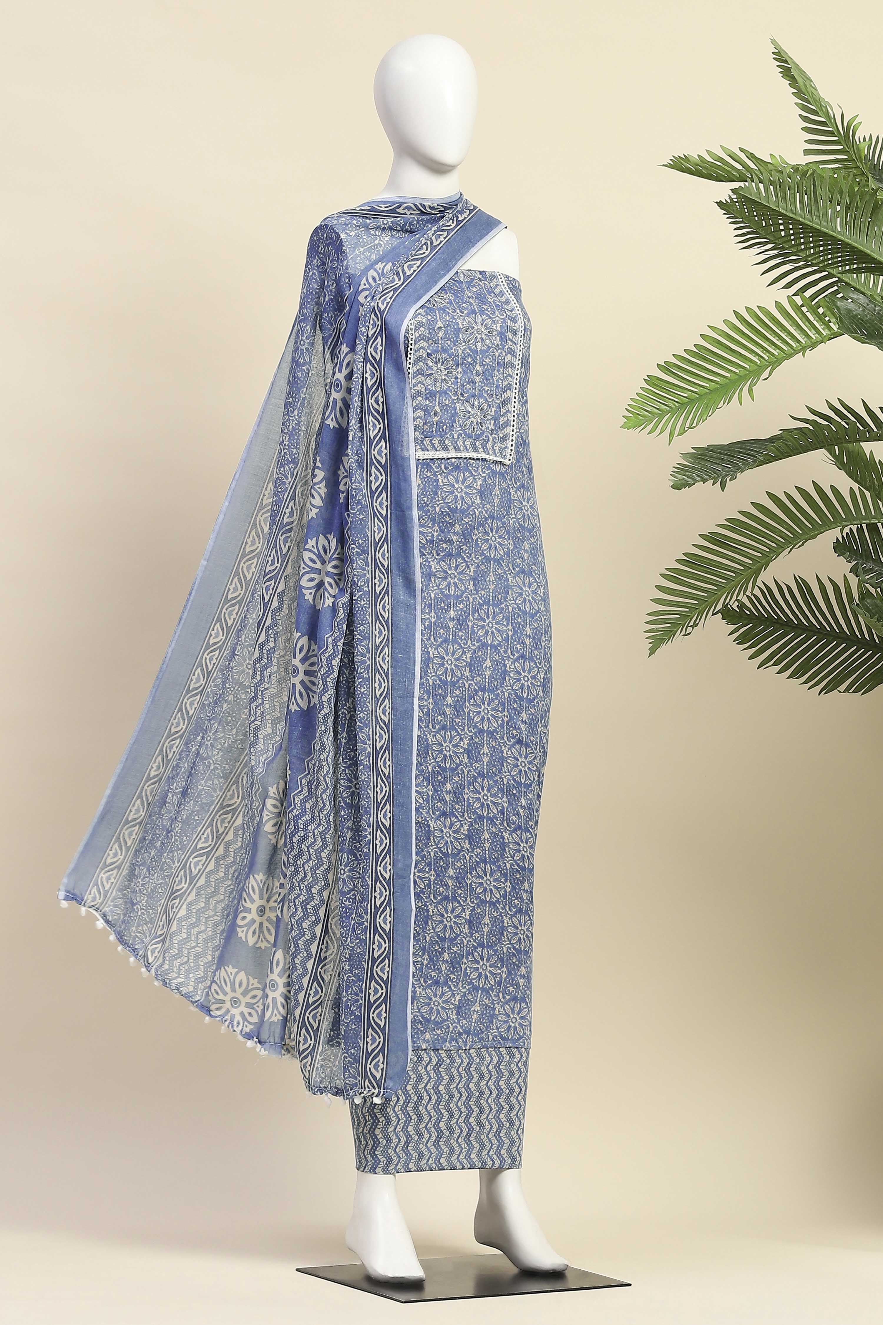 Blue Cotton Unstitched Suit Set image number 4