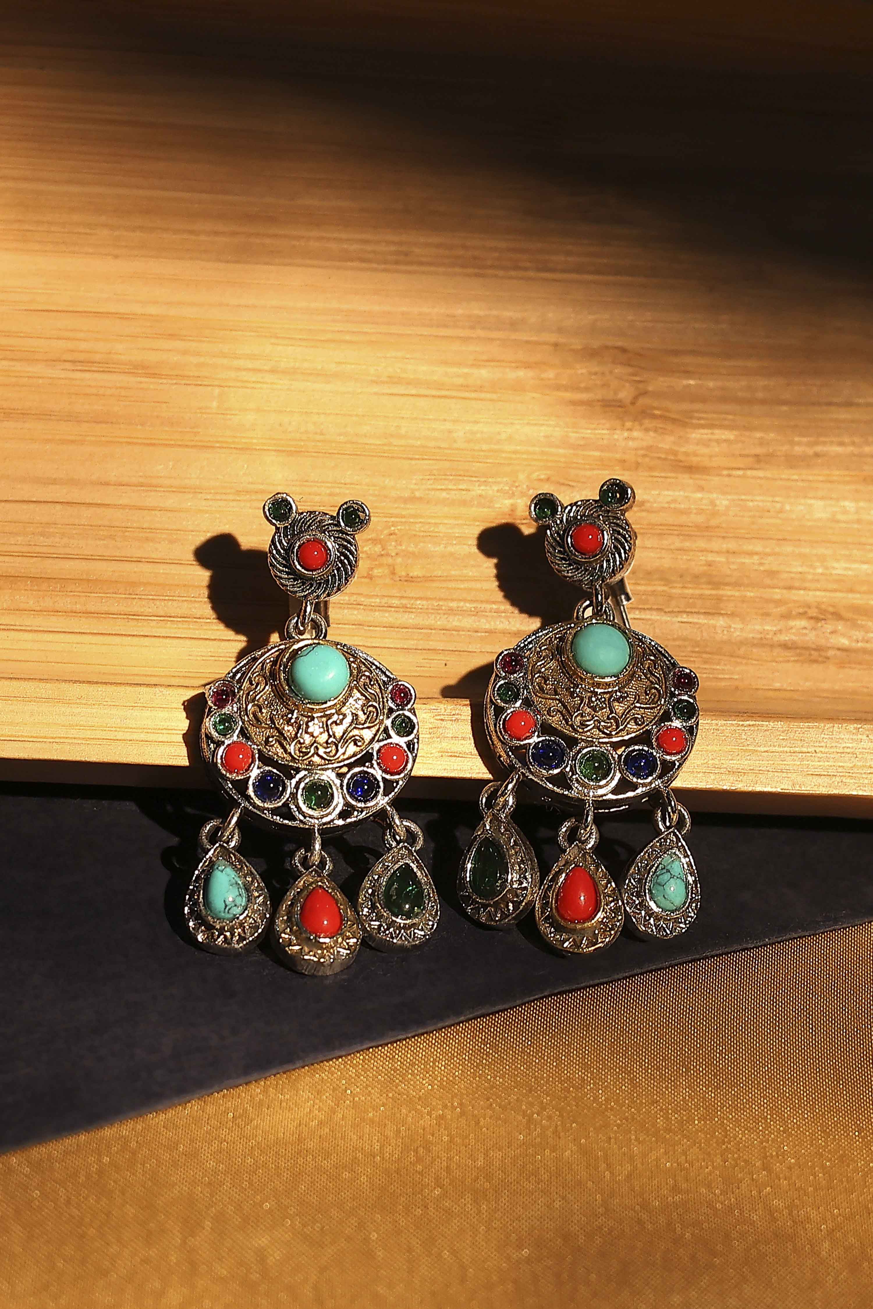 Multicolour Brass Stone Studded Drop Earrings image number 0