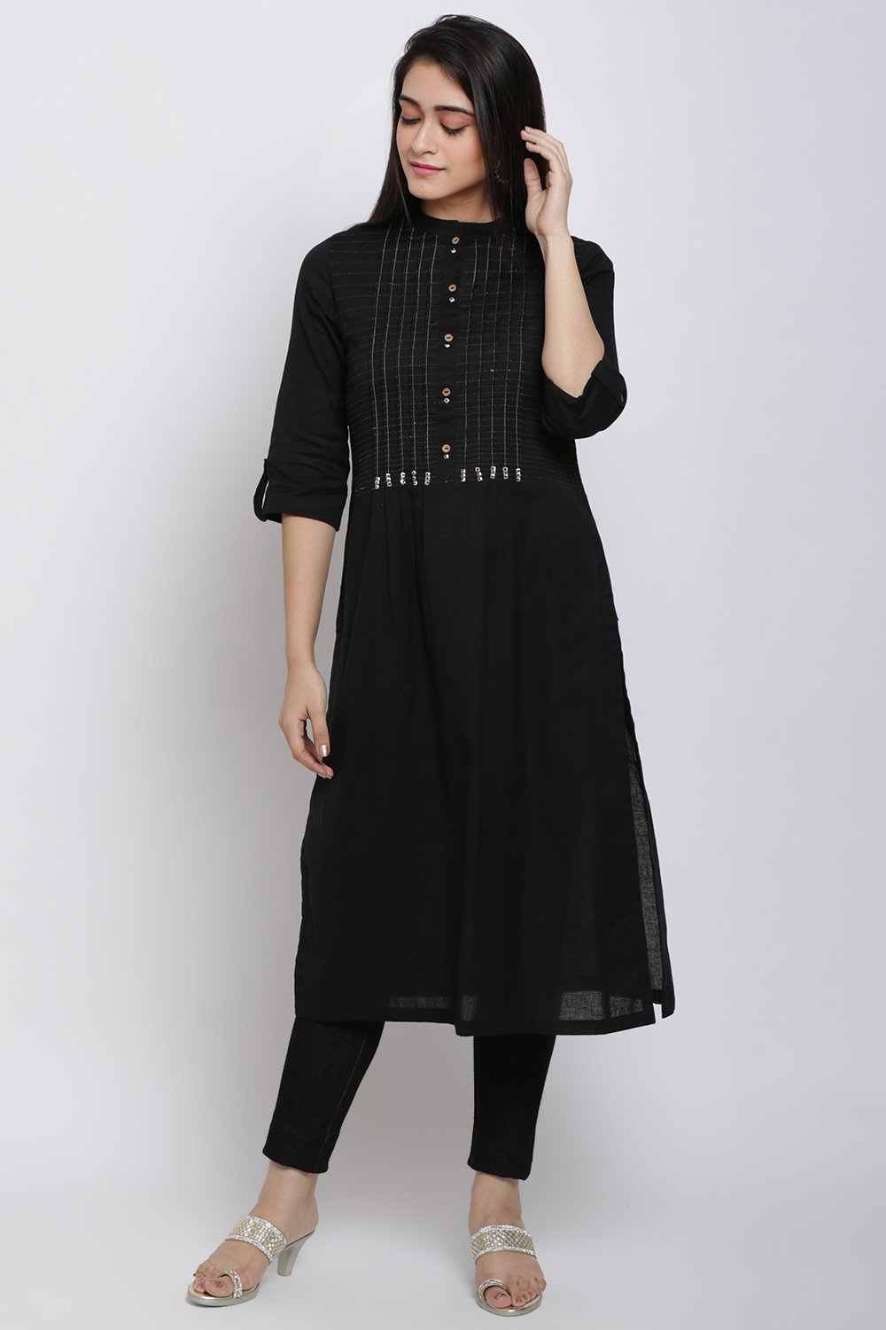 Black Cotton Flax Straight Kurta image number 3