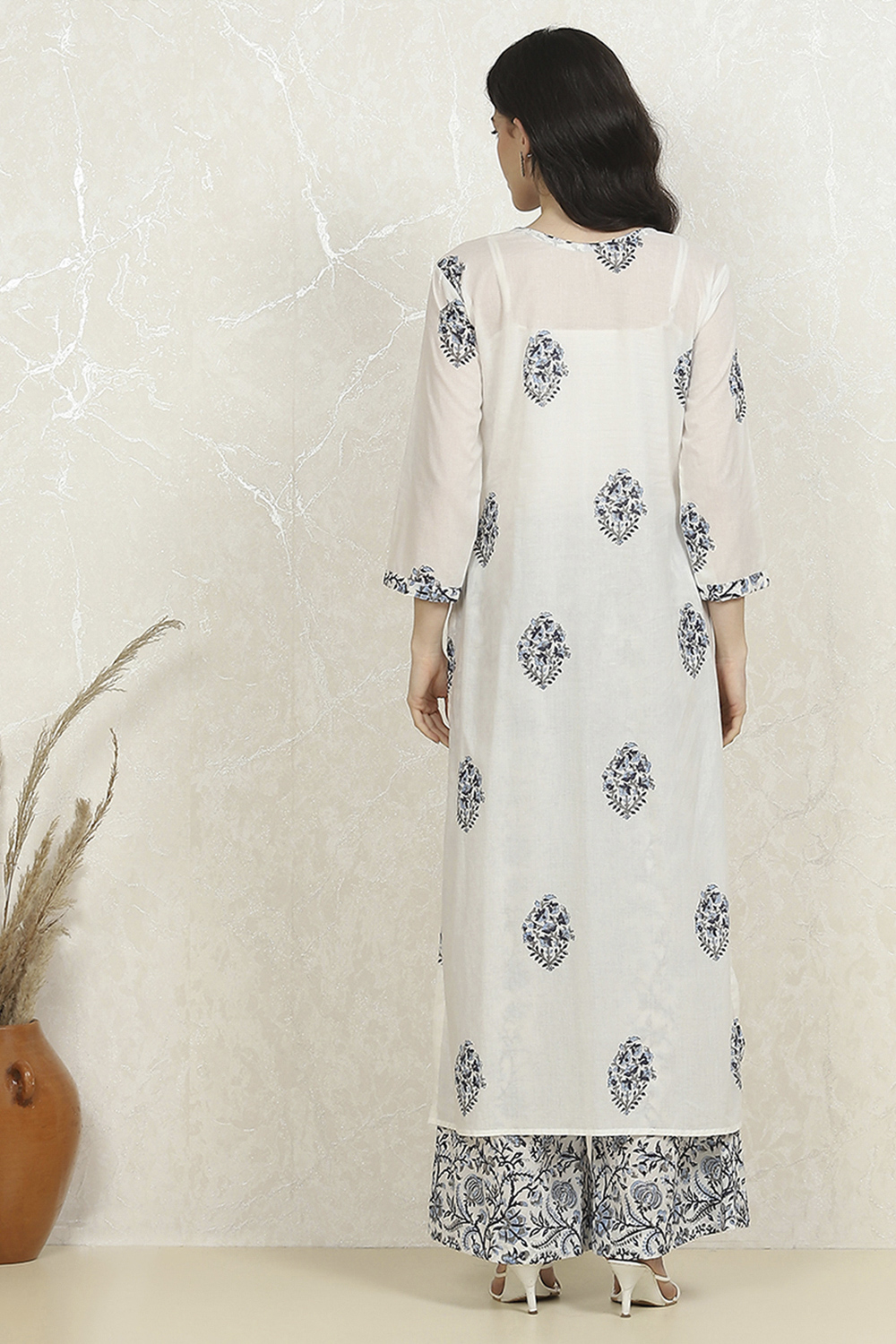 White and Blue Cotton Printed Unstitched Suit Set image number 5