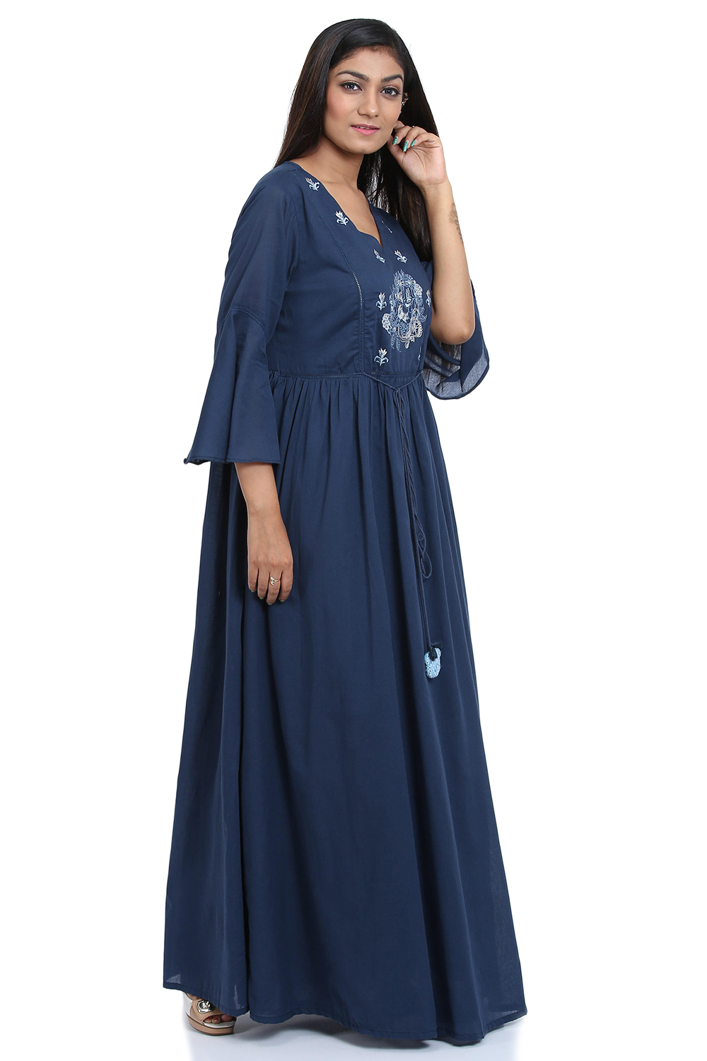 Navy Blue Flared Indie Mickey Cotton Solid Dress image number 2