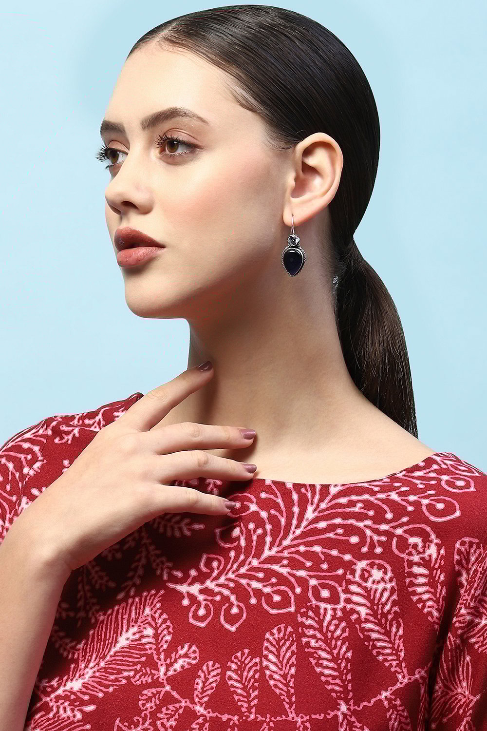 Navy Blue Silver-Plated Stone Studded Nepali Danglers image number 1