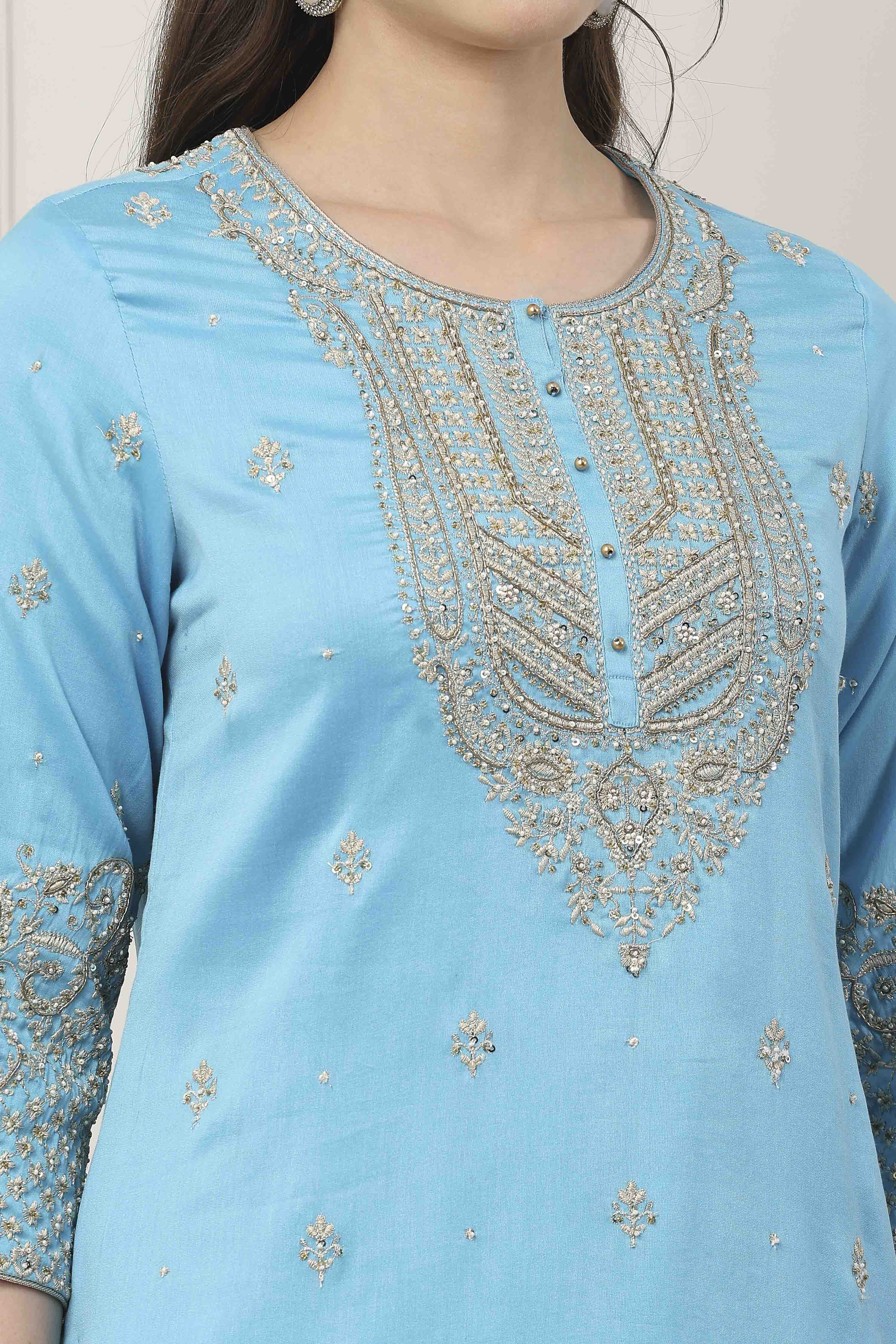 Yellow Silk Chanderi Sequin Embroidered Straight Suit Set image number 1