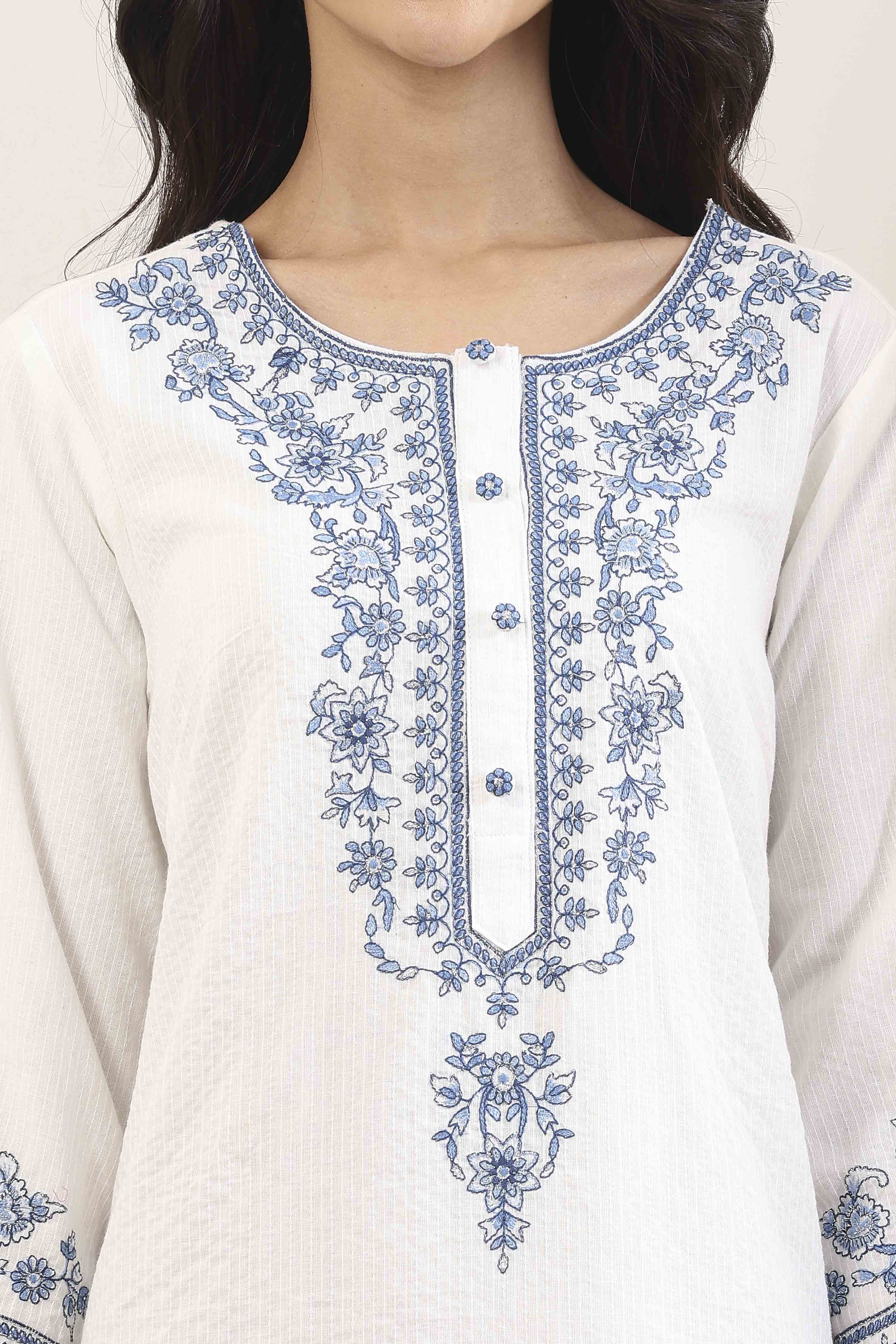 White Cotton Straight Suit Set image number 1