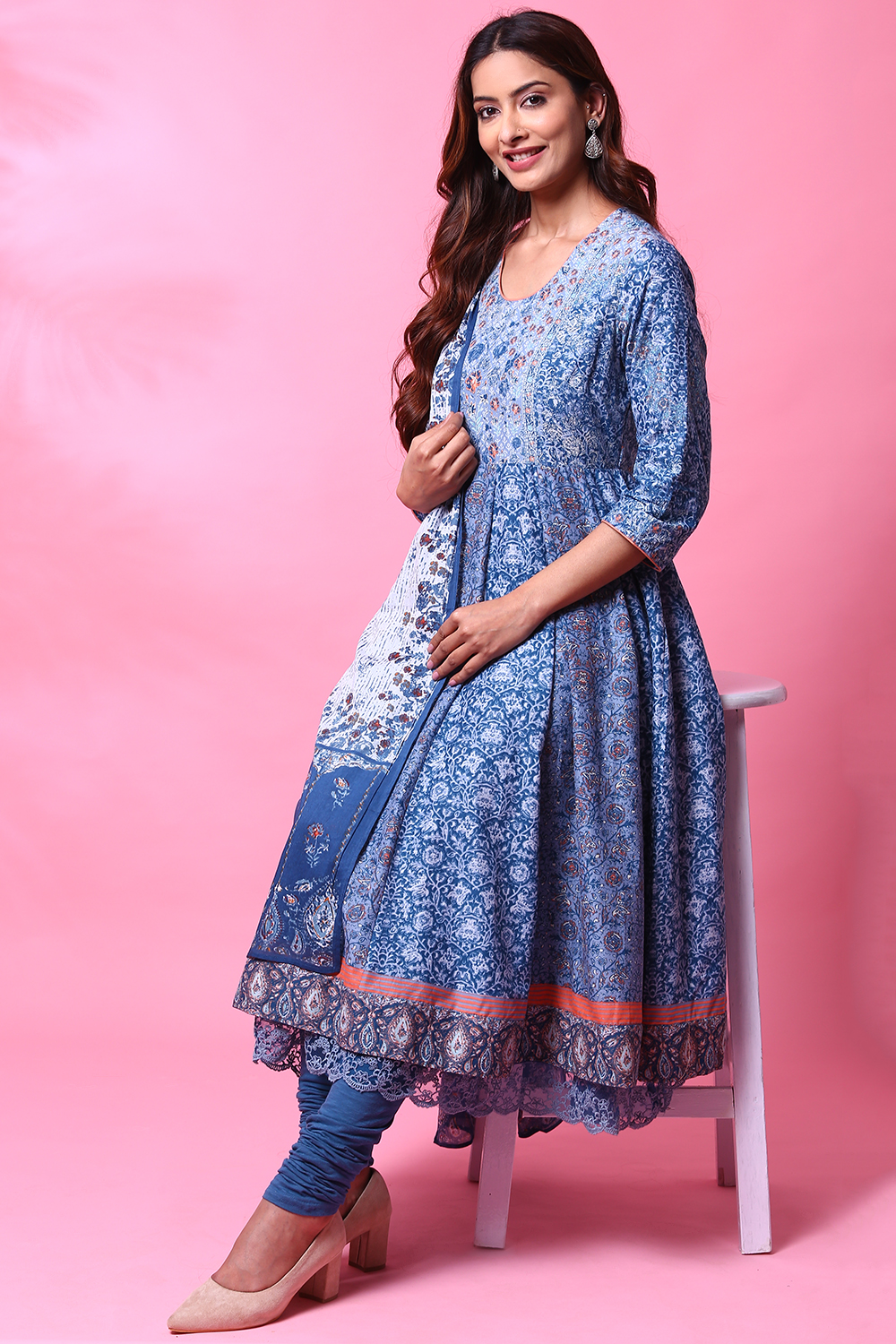 Grey Cotton Anarkali Kurta Churidar Suit Set image number 0