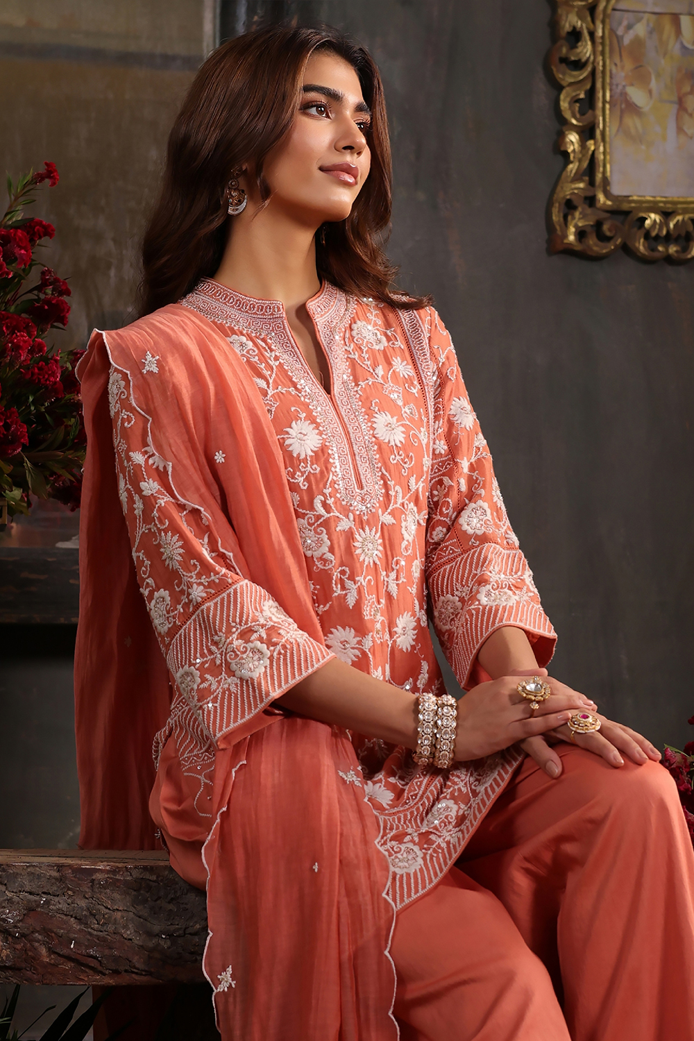 Earthy Blue Chanderi Embroidered Straight Suit Set image number 1
