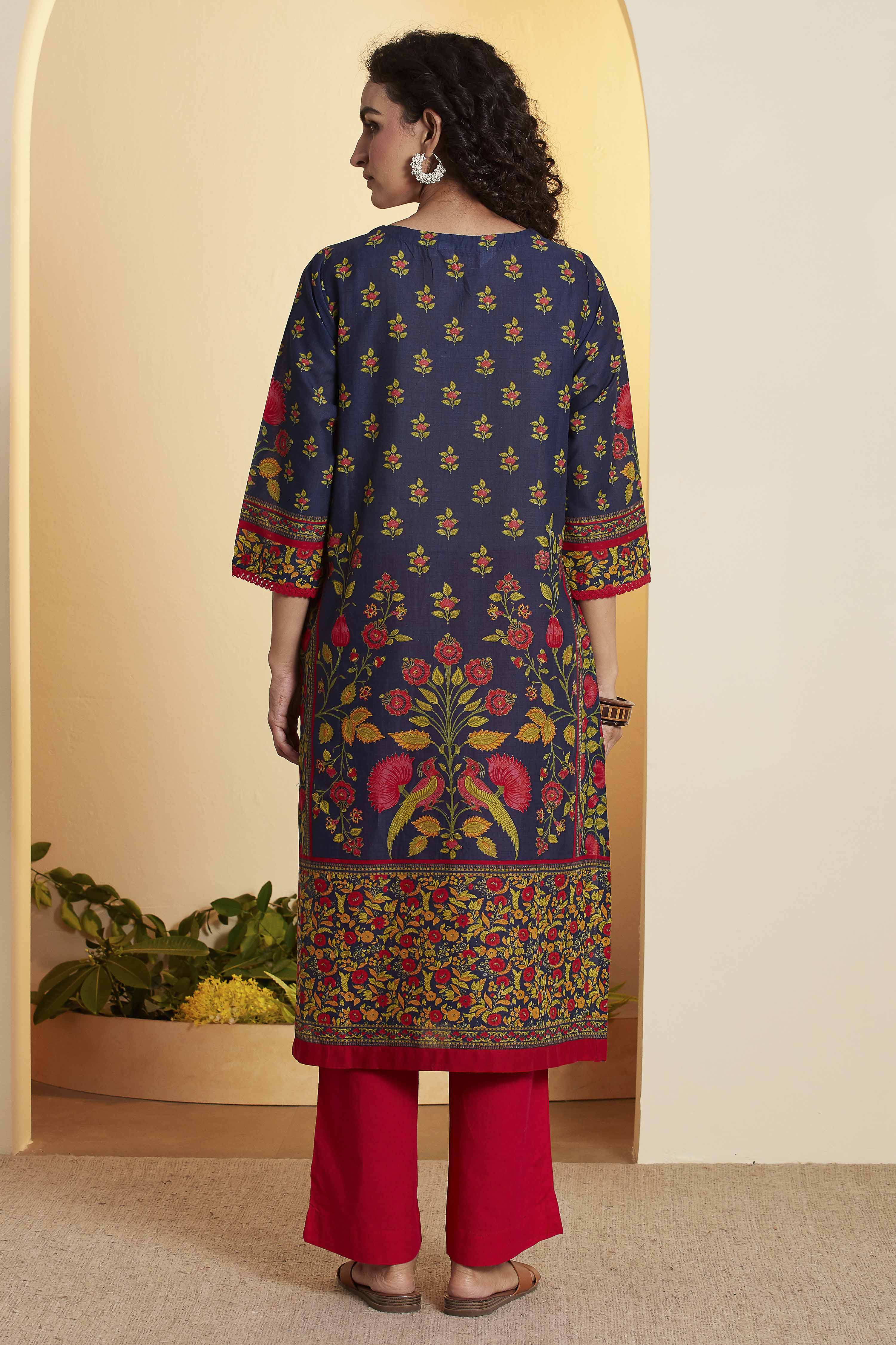 Blue Cotton Straight Kurta image number 4