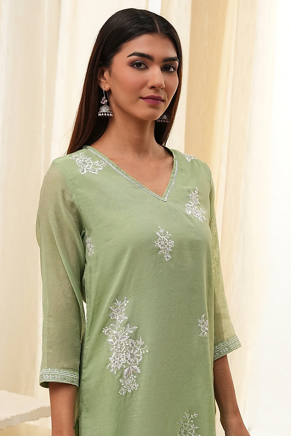 Aqua Embroidered Straight Suit Set image number 1