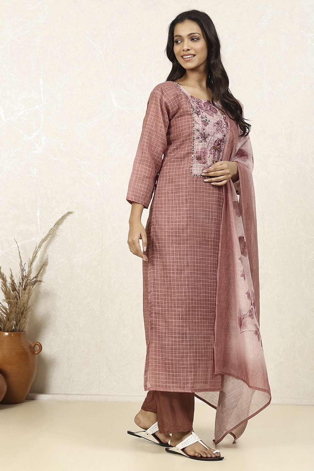 Lavender Linen Blend Hand Embroidered Unstitched Suit Set image number 6