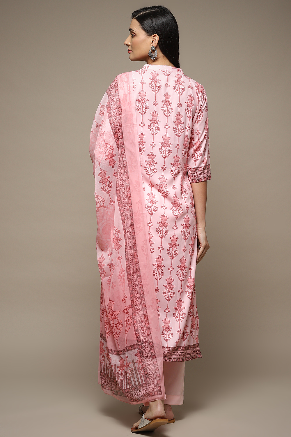 Beige Chanderi Machine Embroidered Unstitched Suit Set image number 6