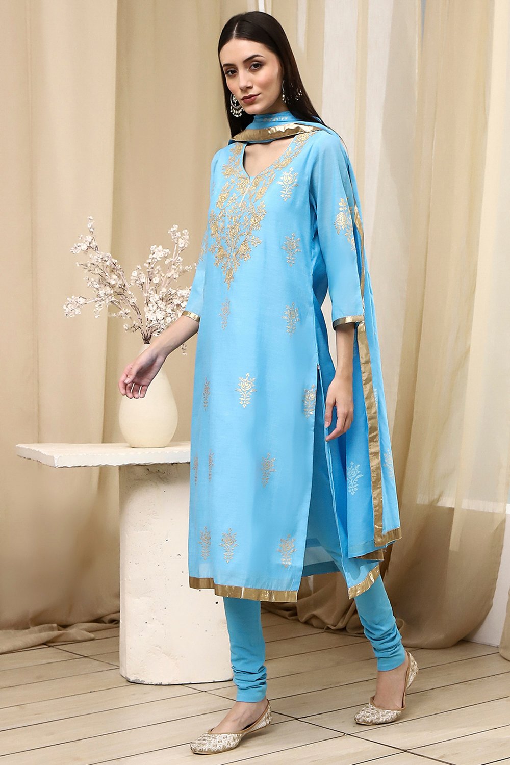 Mehendi Green Poly Chanderi Straight Suit Set image number 3