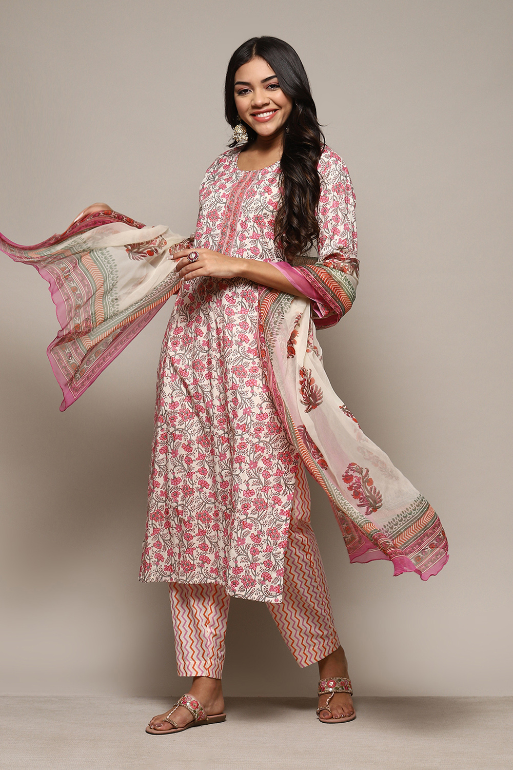Pink Cotton Handloom Unstitched Suit Set image number 1