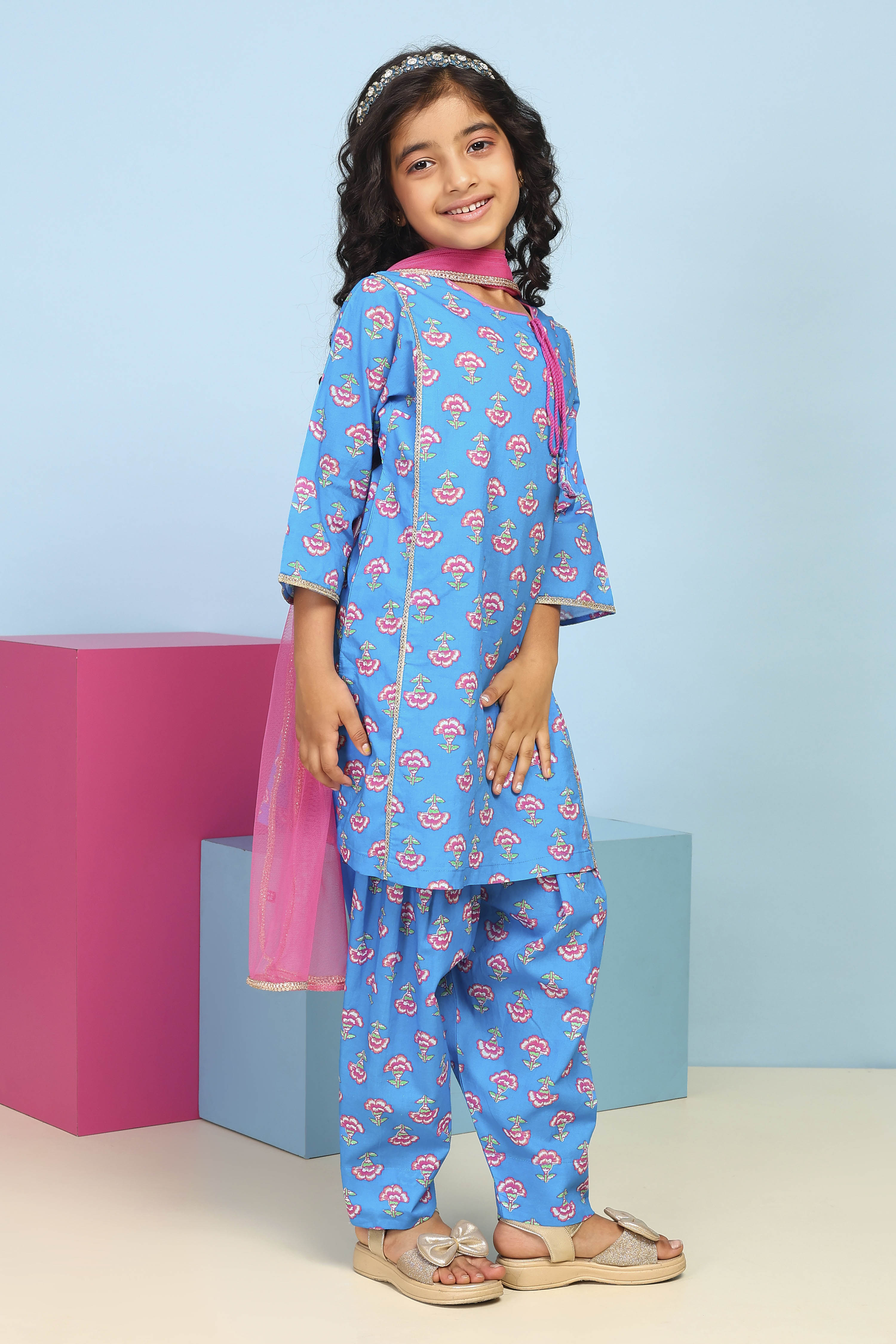 Blue Cotton Printed Straight Suit Set image number 5
