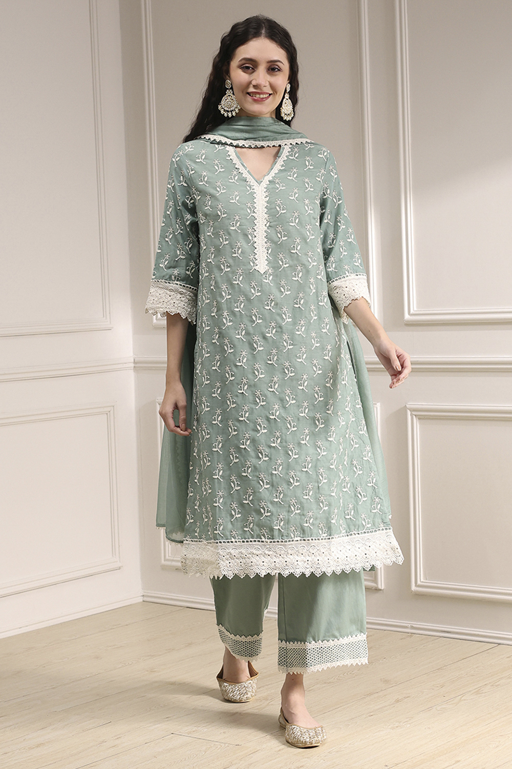 Nude-Toned Chanderi Straight Suit Set image number 6