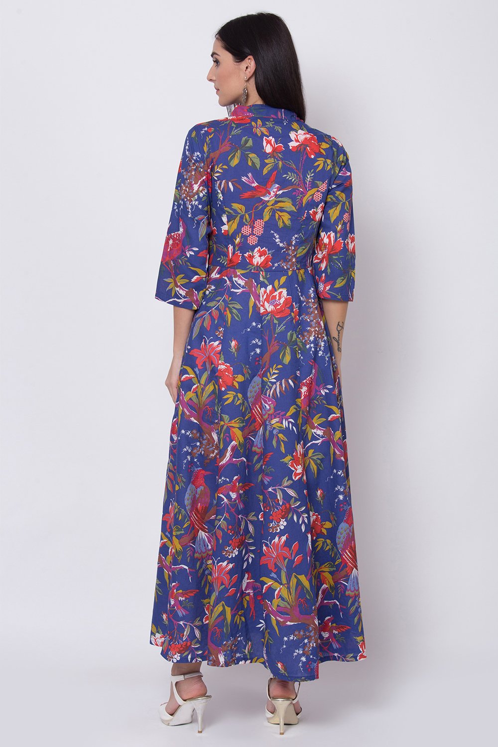 Blue Cotton Flared Fusion Wear Dress image number 4