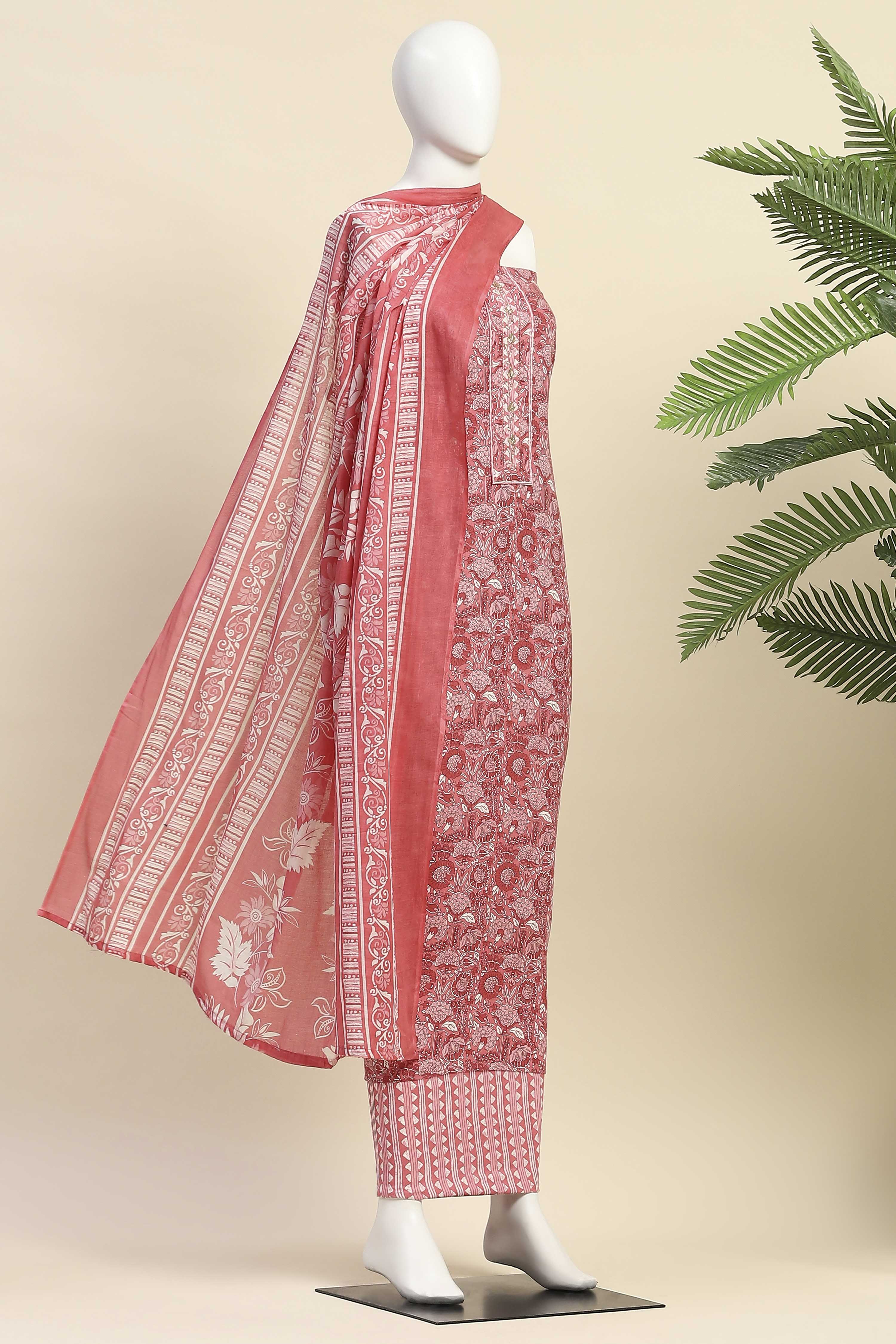 Pink Cotton Unstitched Suit Set image number 4