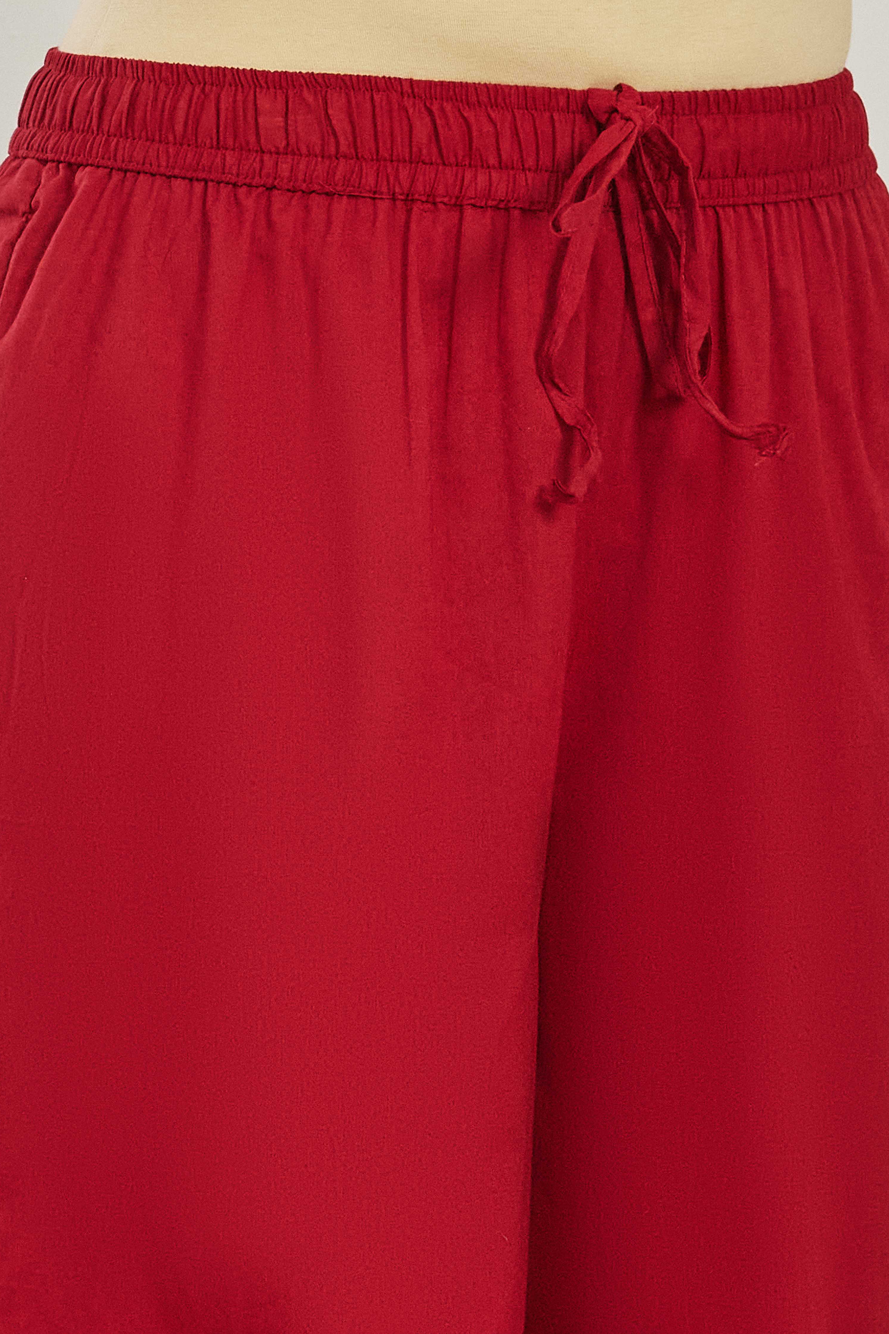 Red Cotton Printed Embroidered A-Line Kurta Set image number 2