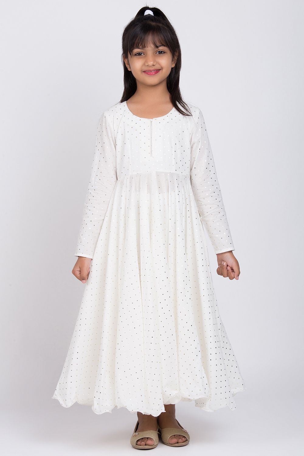 Off White Cotton Anarkali Kurta Churidar Suit Set image number 3