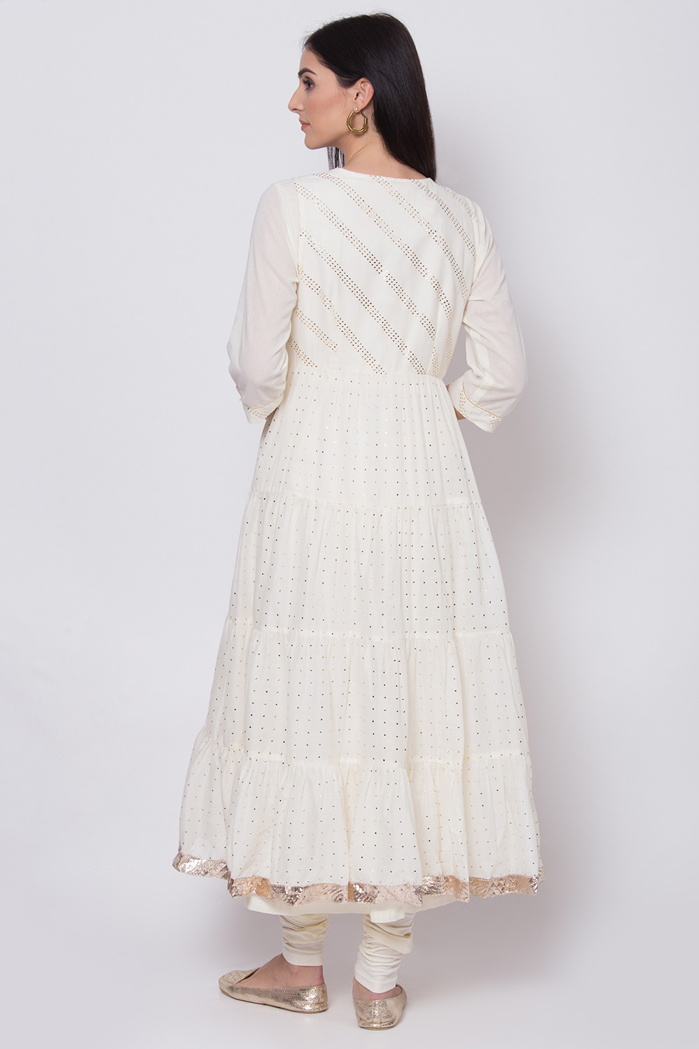 Off White Cotton Front Open Kurta Churidar Suit Set image number 5