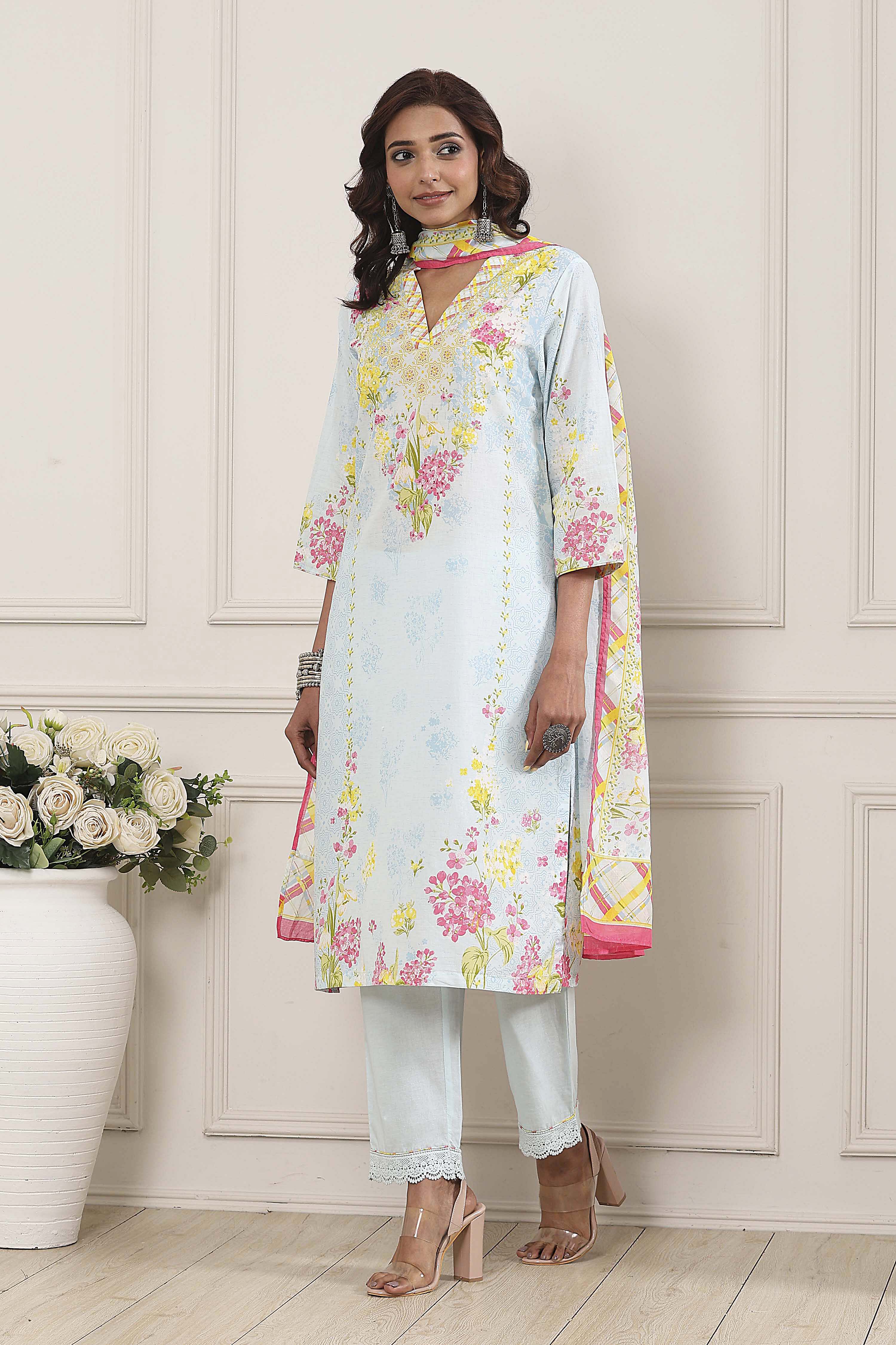 Powder Blue Cotton Printed Straight Suit Set image number 3