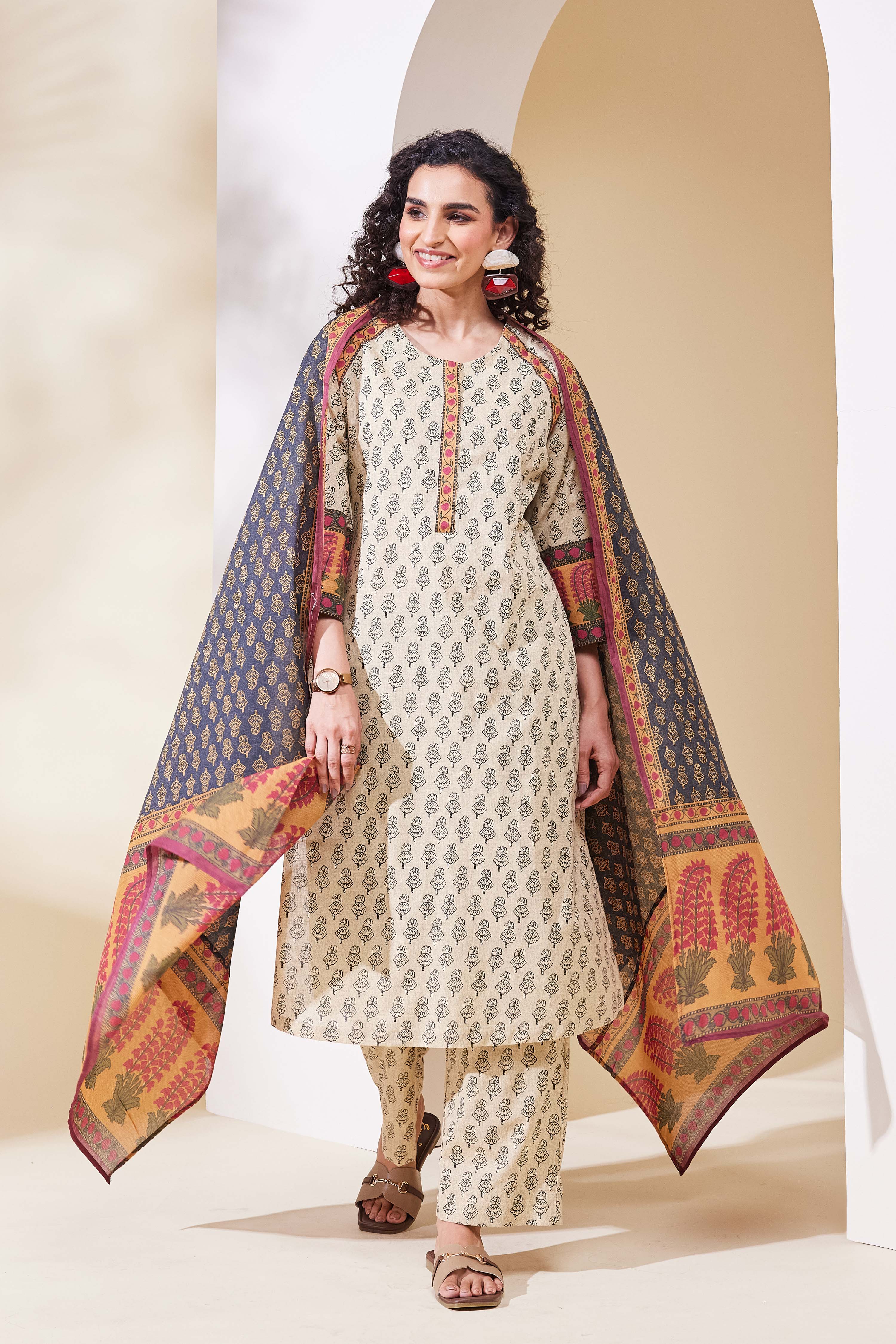 Beige Cotton Straight Suit Set image number 0