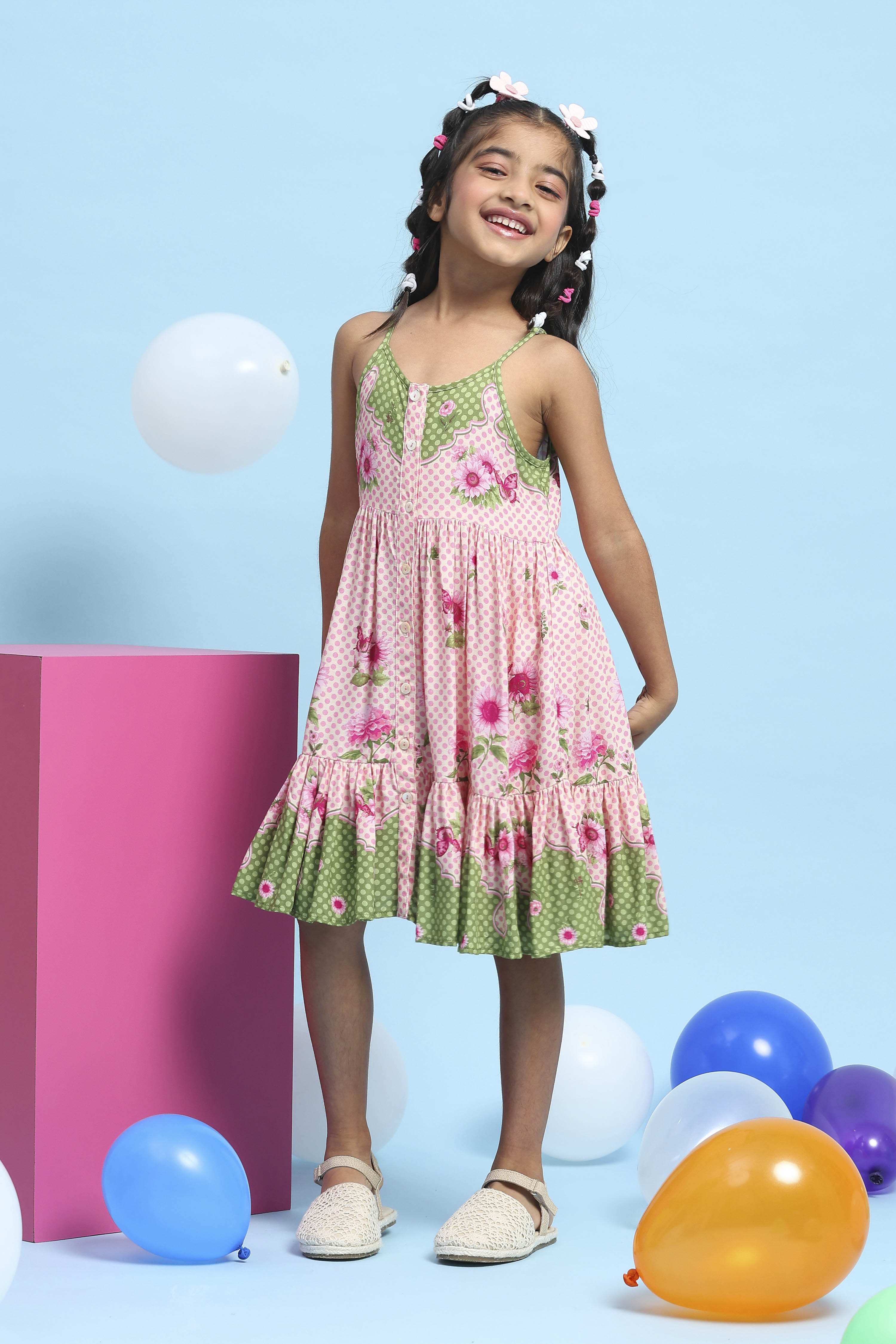 Pink Printed Strappy Tiered Dress image number 0