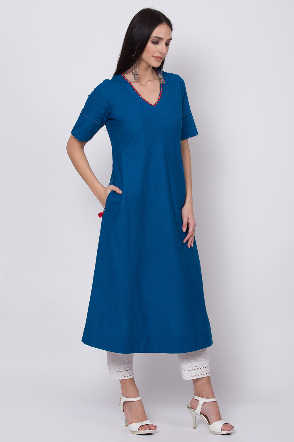 Ink Blue Cotton A-Line Kurta image number 3