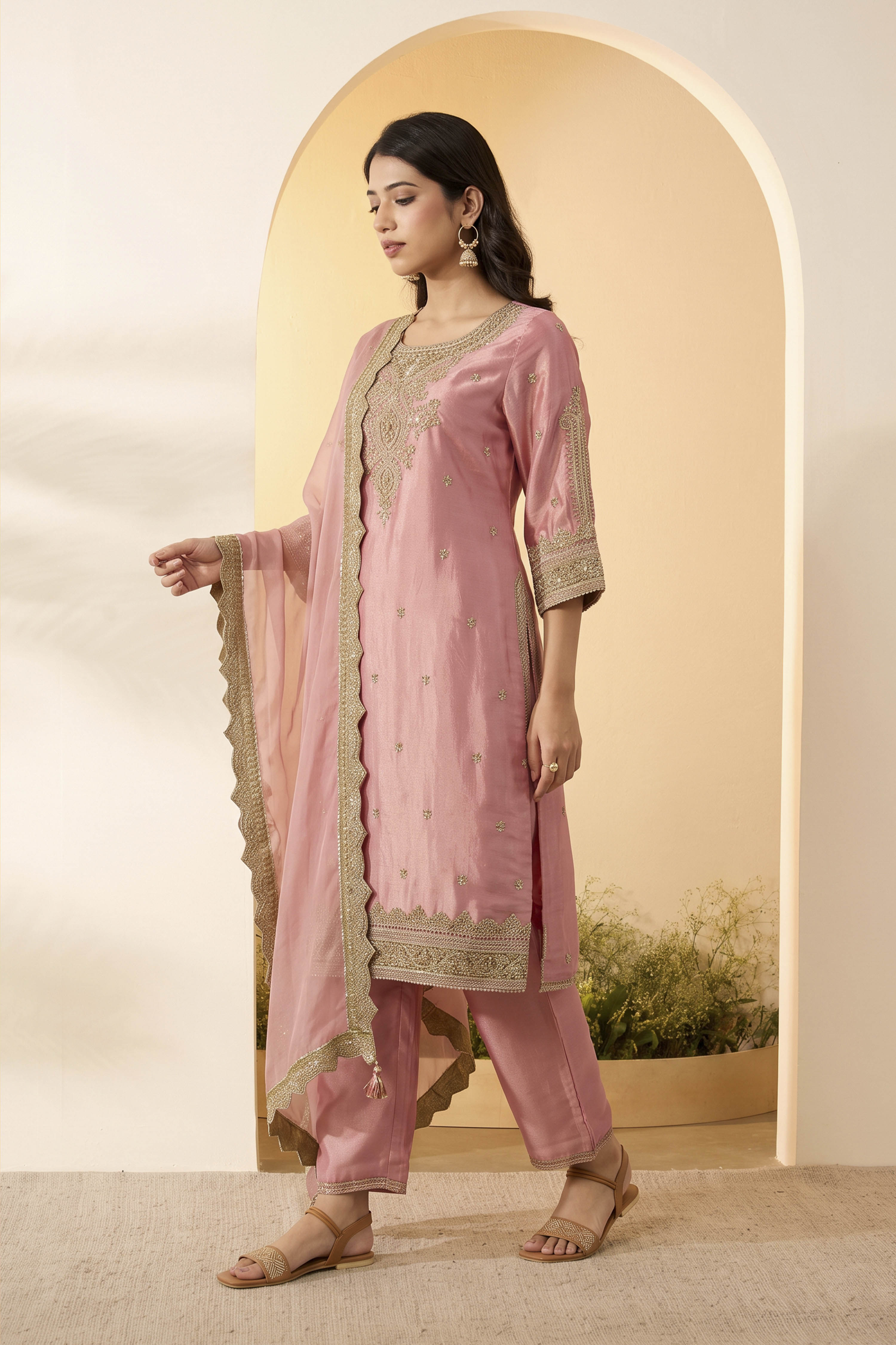 Rose Pink Viscose Rayon Embellished Suit Set image number 3