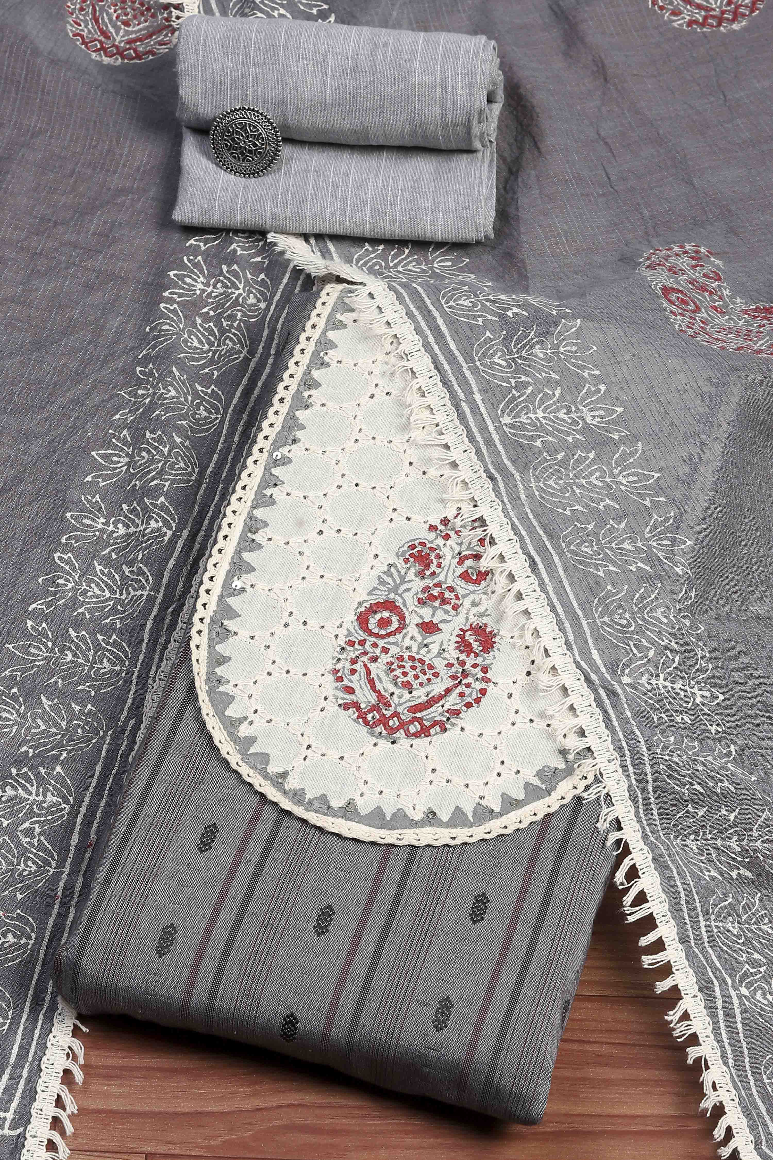 Grey Cotton Blend Woven Unstitched Suit Set image number 0