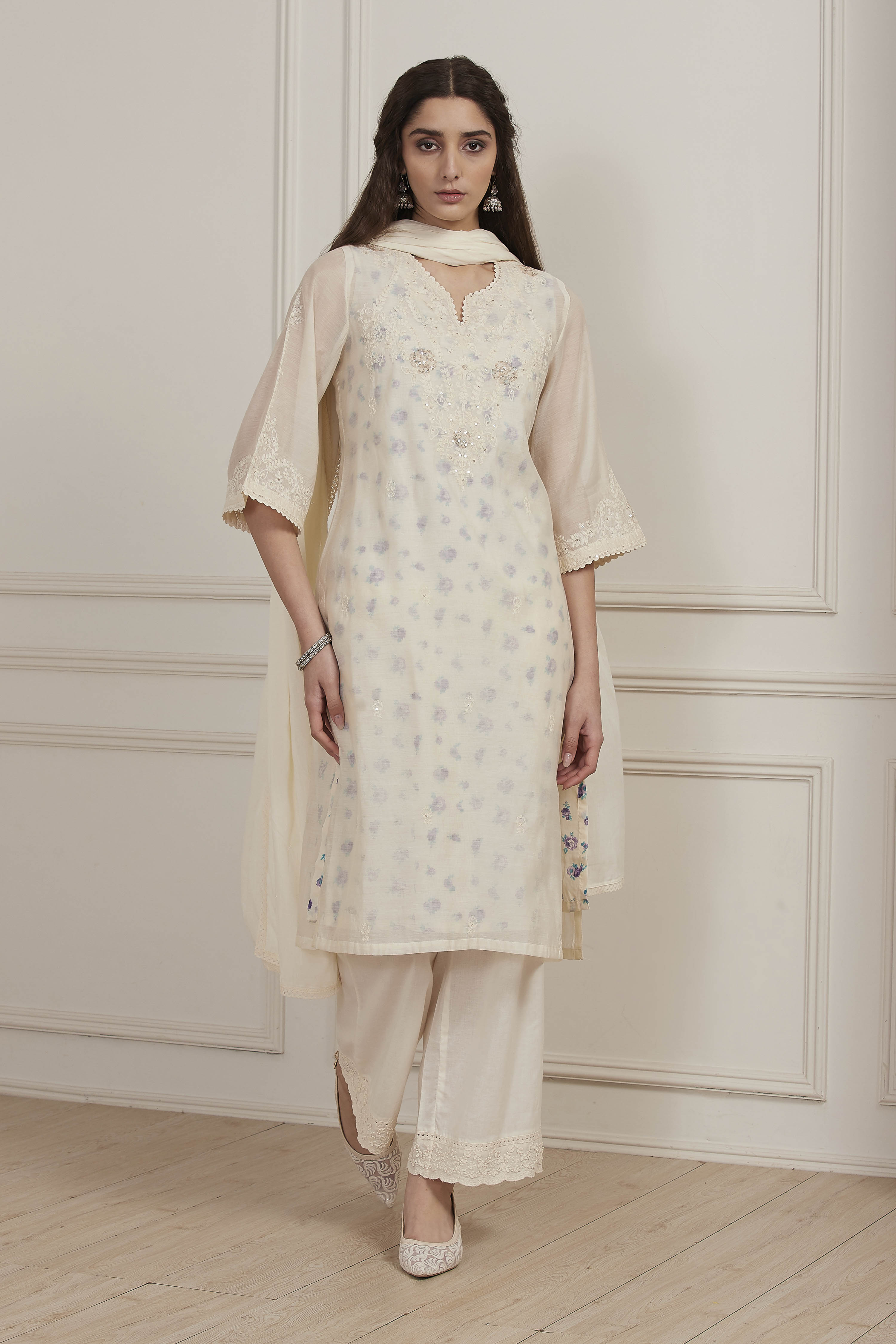 White Poly Chanderi Straight Suit Set image number 6