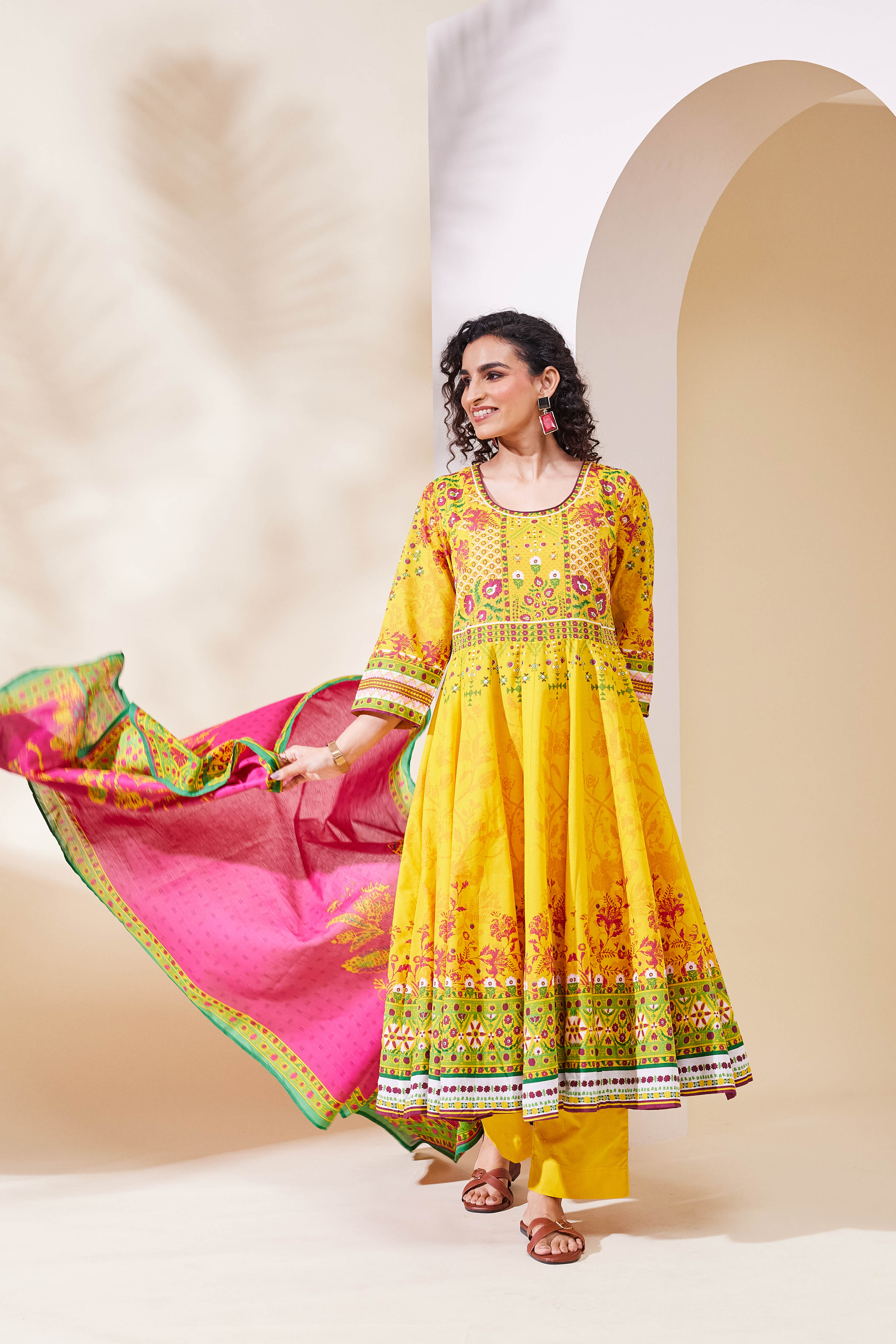 Yellow Cotton Anarkali Suit Set image number 0