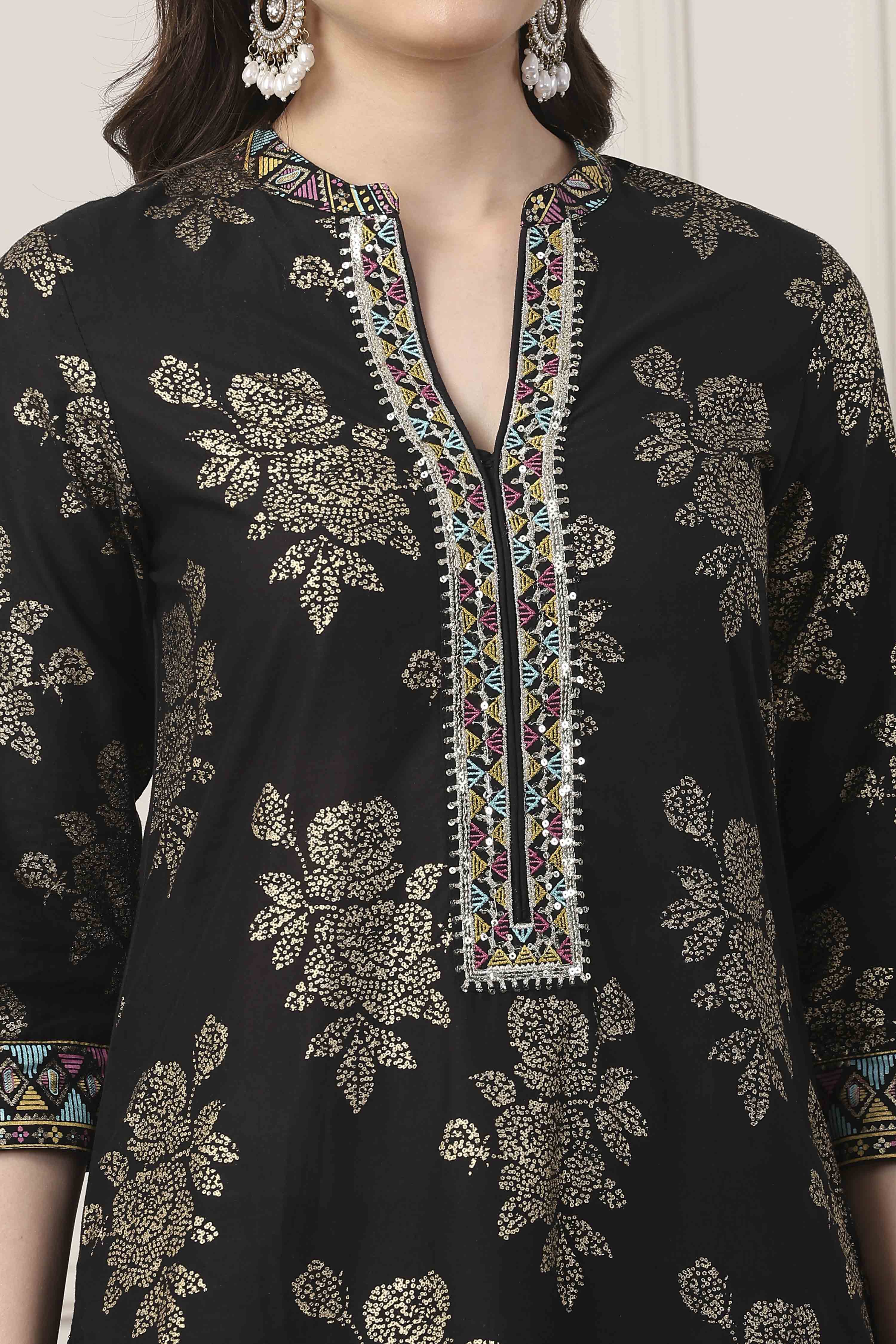 Black Cotton Straight Kurta Palazzo Suit Set image number 1