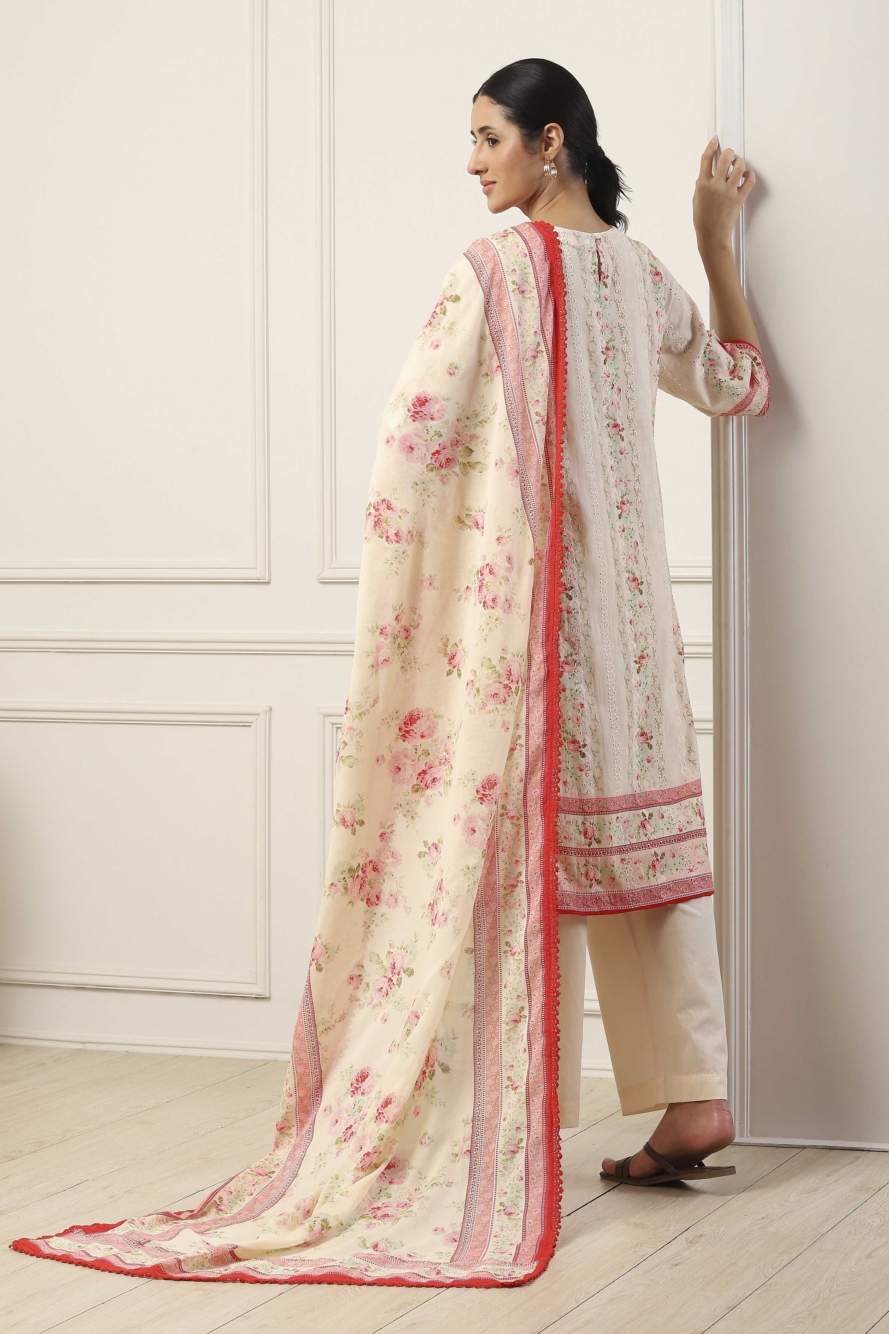White Cotton Floral Printed A-Line Suit Set image number 4