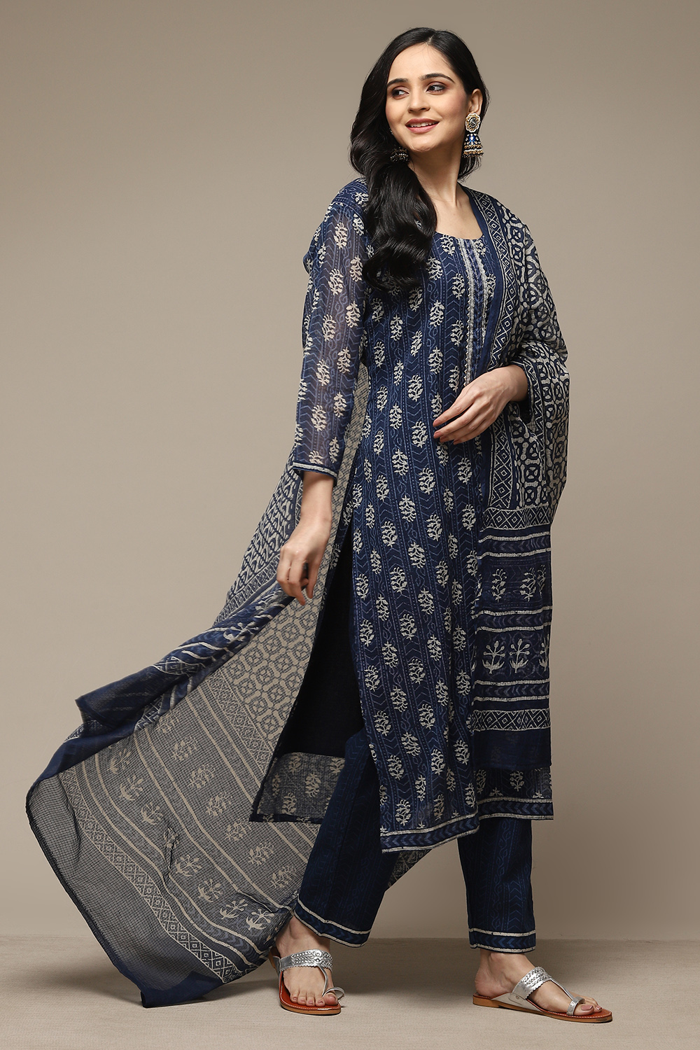 Blue Cotton Hand Block Print Unstitched Suit Set image number 3
